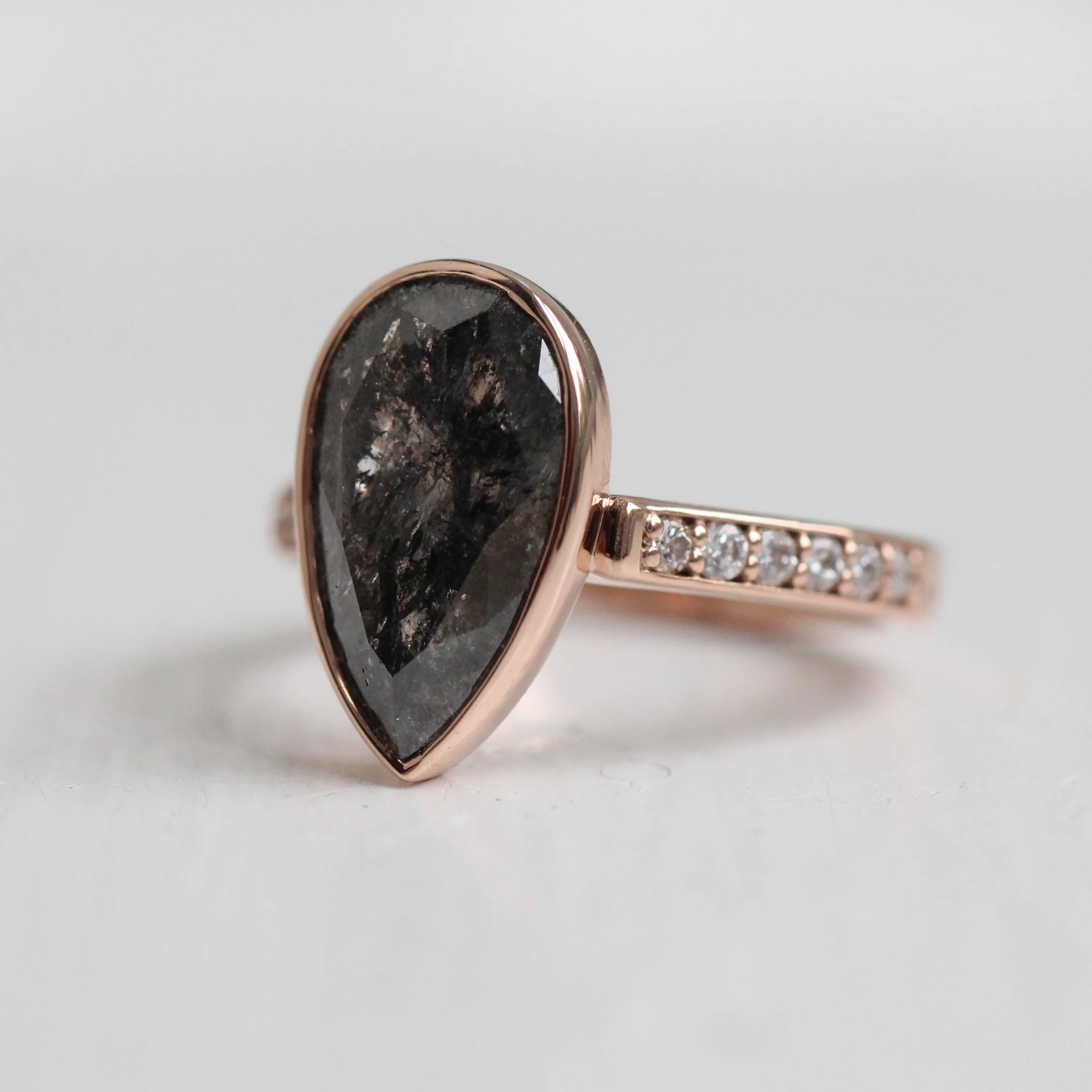 Project: Custom Corie Bezel Set Salt and Pepper Black Pear Diamond in 14k - Image 7