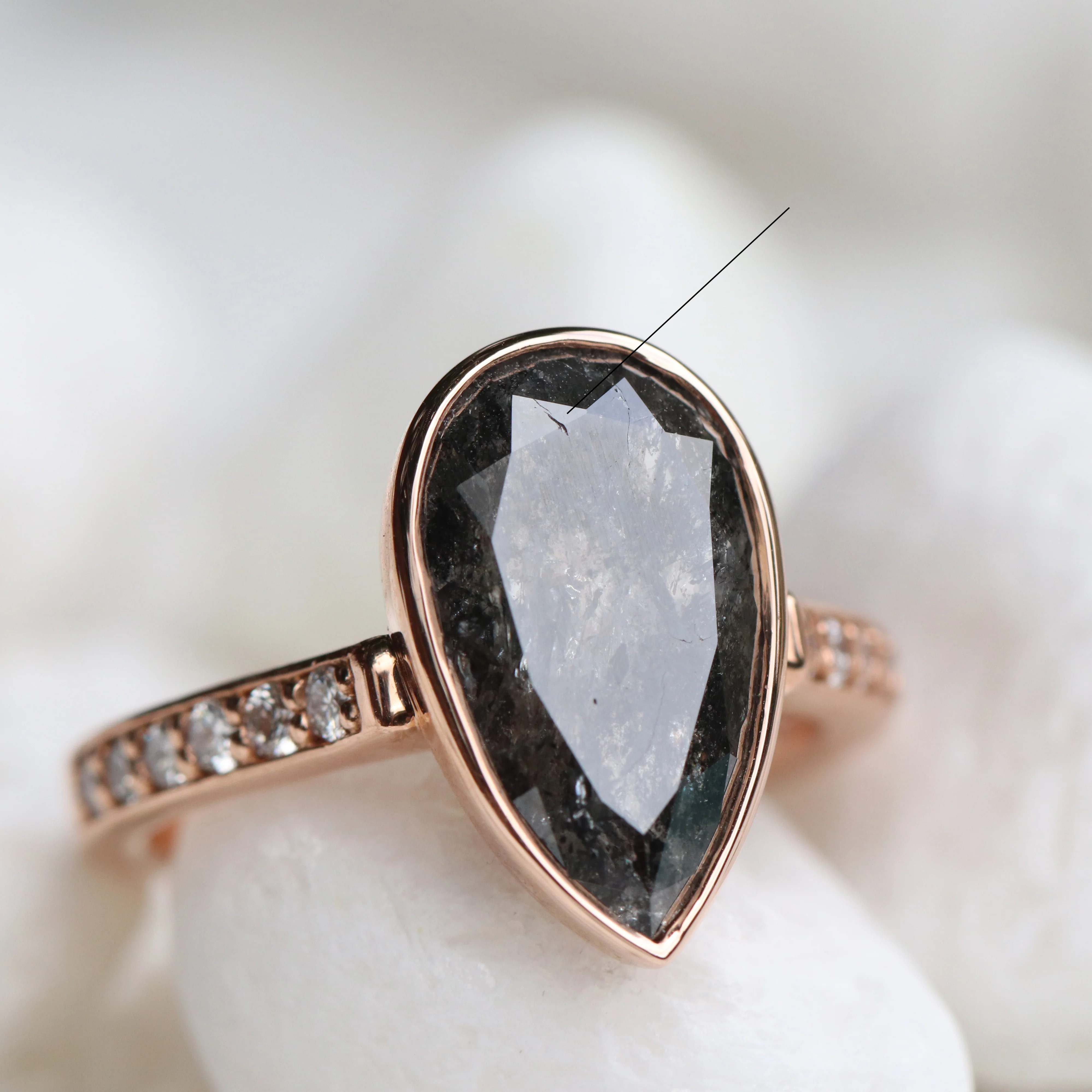 Project: Custom Corie Bezel Set Salt and Pepper Black Pear Diamond in 14k - Image 8