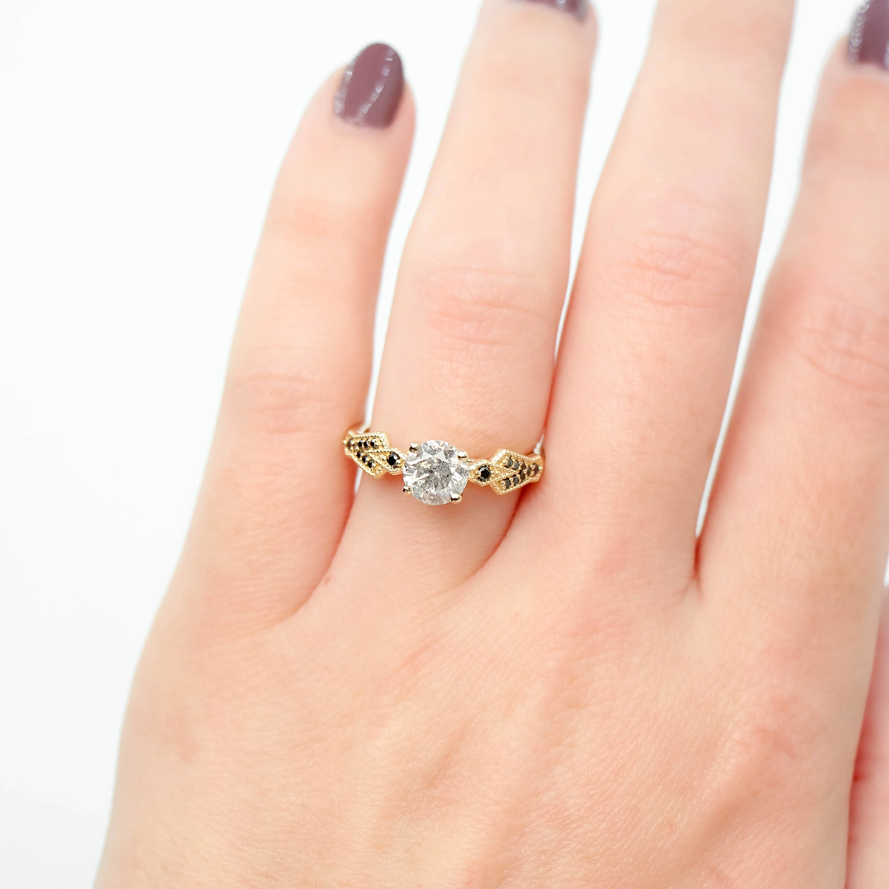 Darian Ring with a 1.06 Carat Gray Salt and Pepper Round Diamond and Black Accent Diamonds in 10k Yellow Gold - Ready to Size and Ship - Image 2