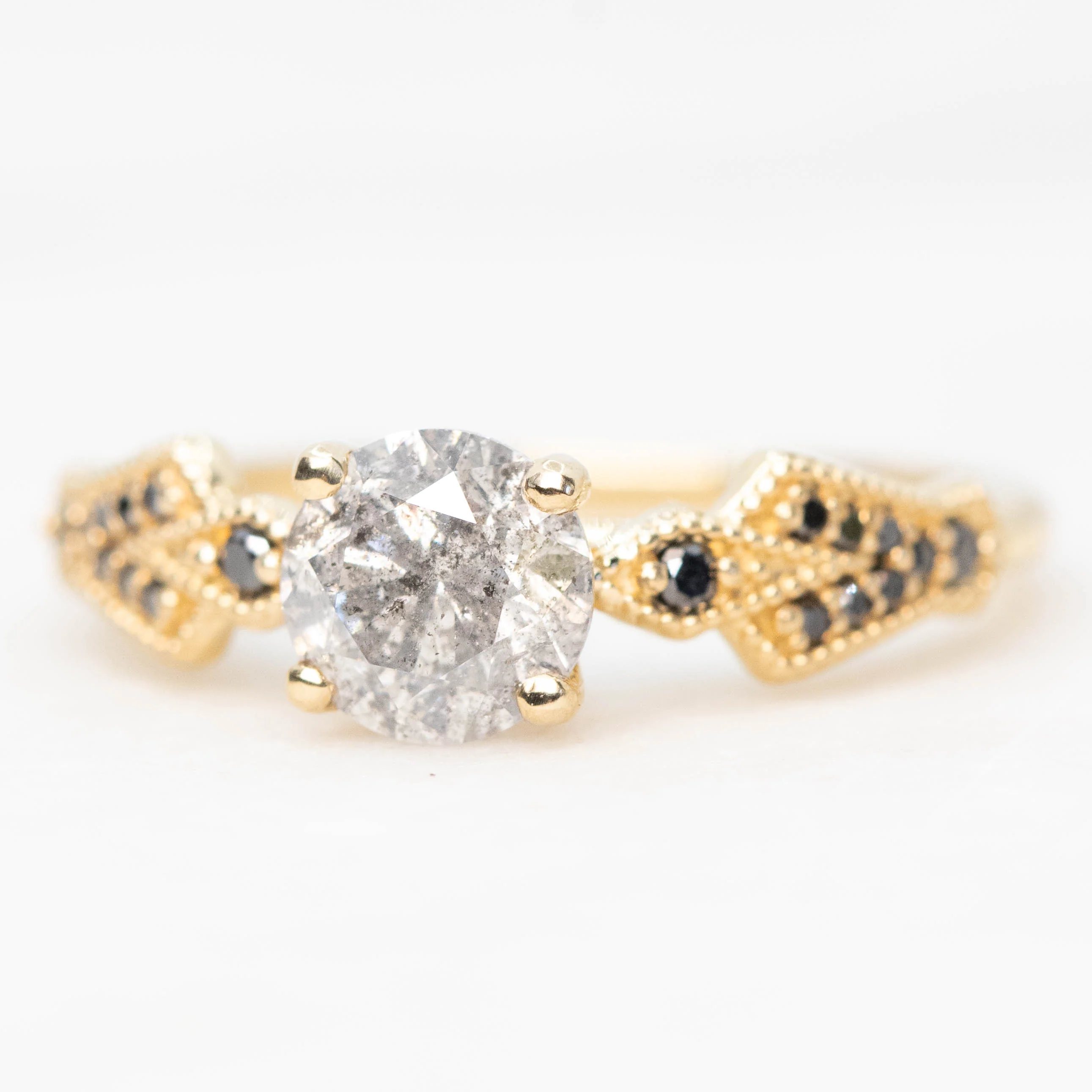 Darian Ring with a 1.06 Carat Gray Salt and Pepper Round Diamond and Black Accent Diamonds in 10k Yellow Gold - Ready to Size and Ship - Image 3