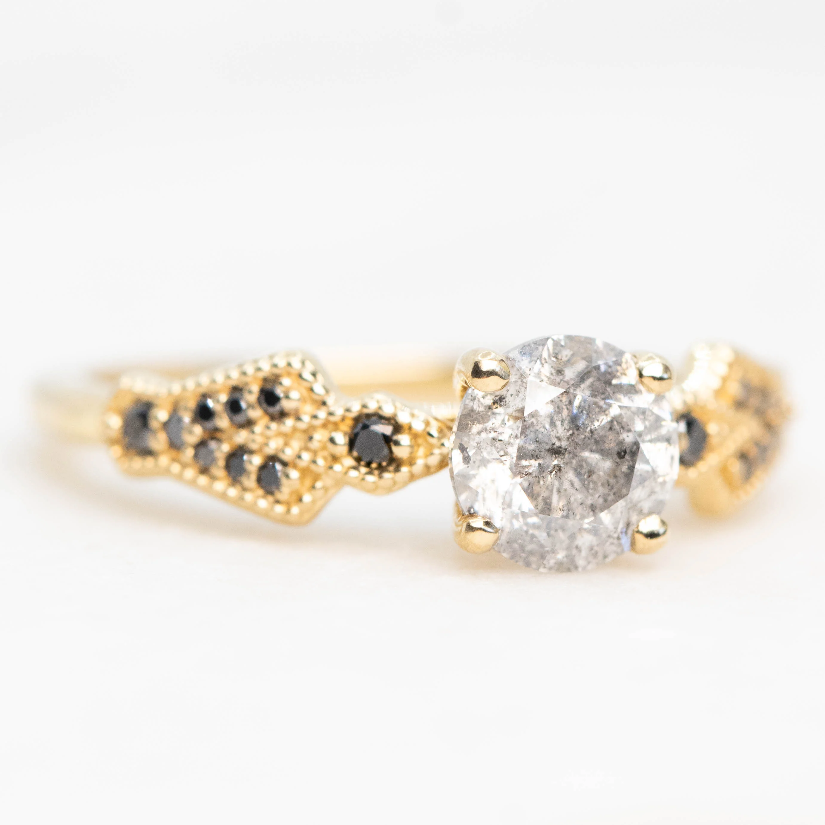 Darian Ring with a 1.06 Carat Gray Salt and Pepper Round Diamond and Black Accent Diamonds in 10k Yellow Gold - Ready to Size and Ship - Image 4