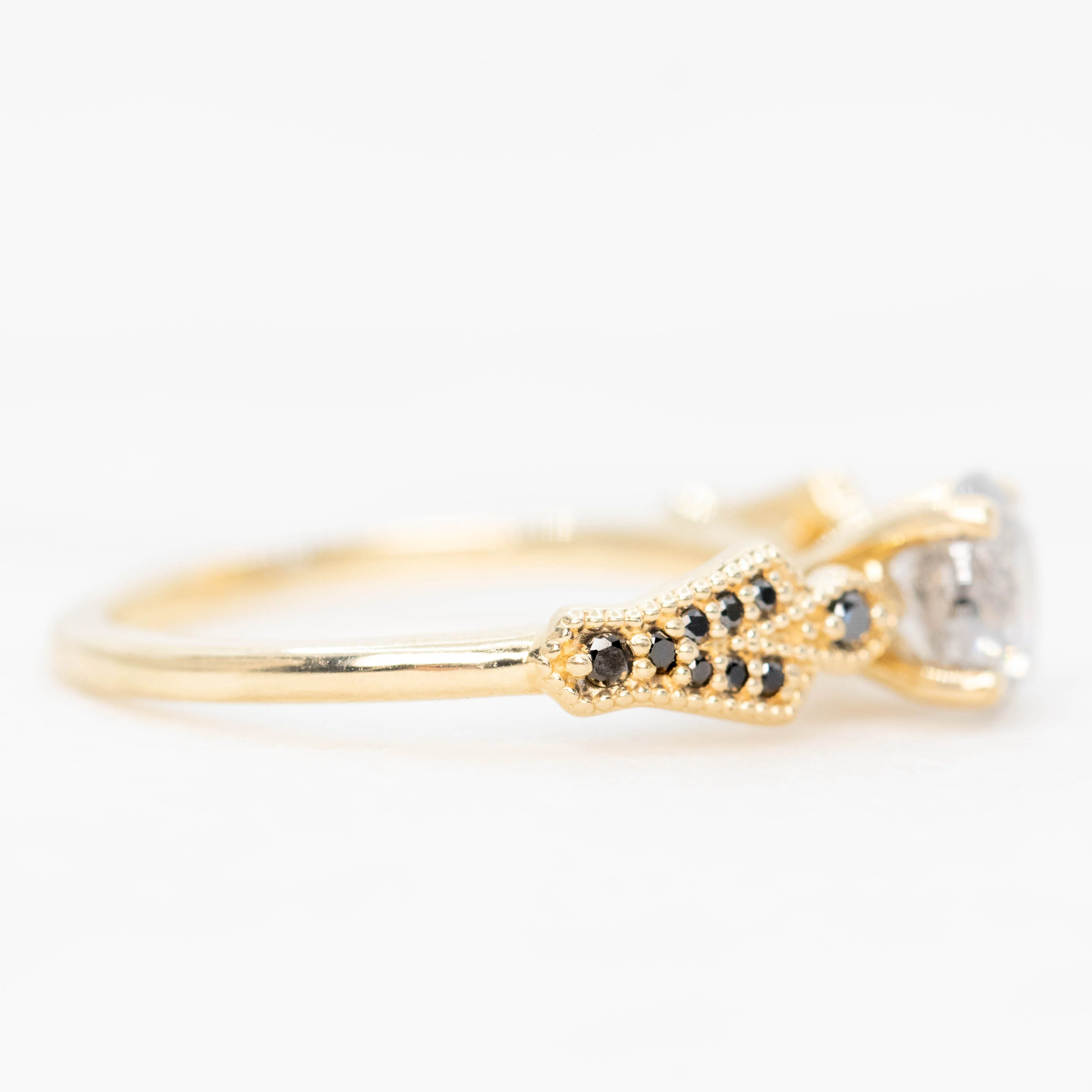 Darian Ring with a 1.06 Carat Gray Salt and Pepper Round Diamond and Black Accent Diamonds in 10k Yellow Gold - Ready to Size and Ship - Image 5