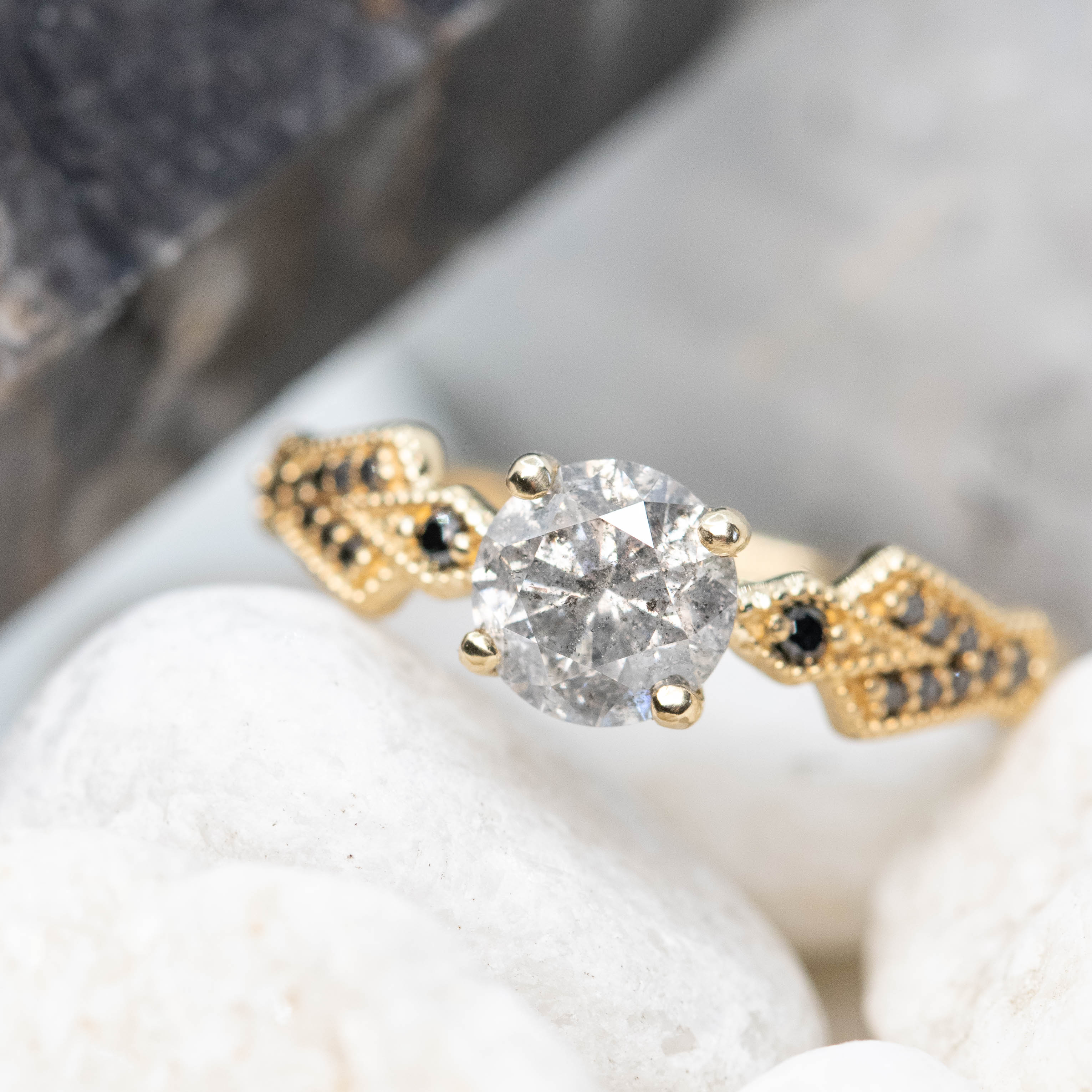 Darian Ring with a 1.06 Carat Gray Salt and Pepper Round Diamond and Black Accent Diamonds in 10k Yellow Gold - Ready to Size and Ship - Image 8