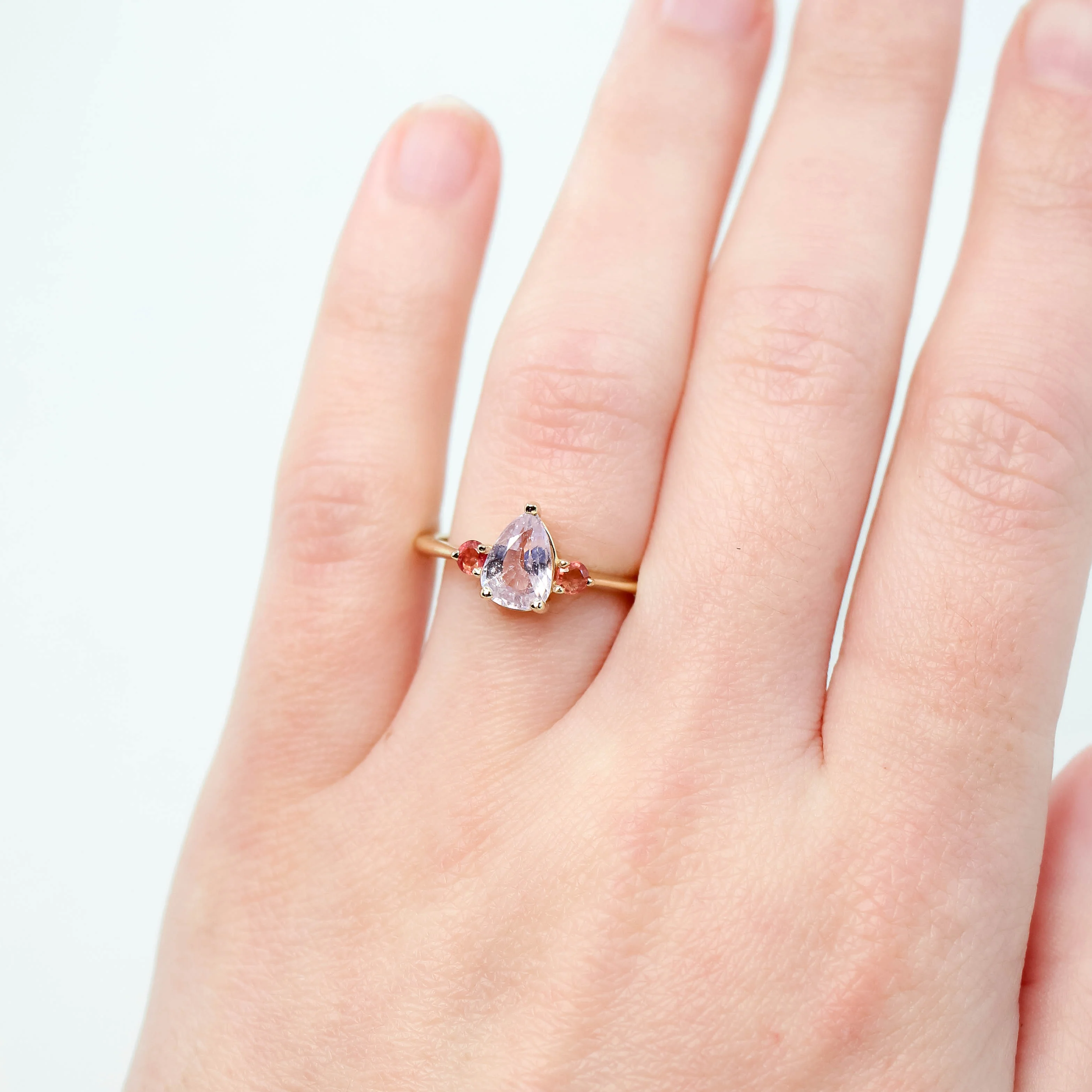 Drea Ring with a 1.32 Carat Pink Pear Sapphire and Orange Sapphire Accents in 14k Yellow Gold - Ready to Size and Ship - Image 2