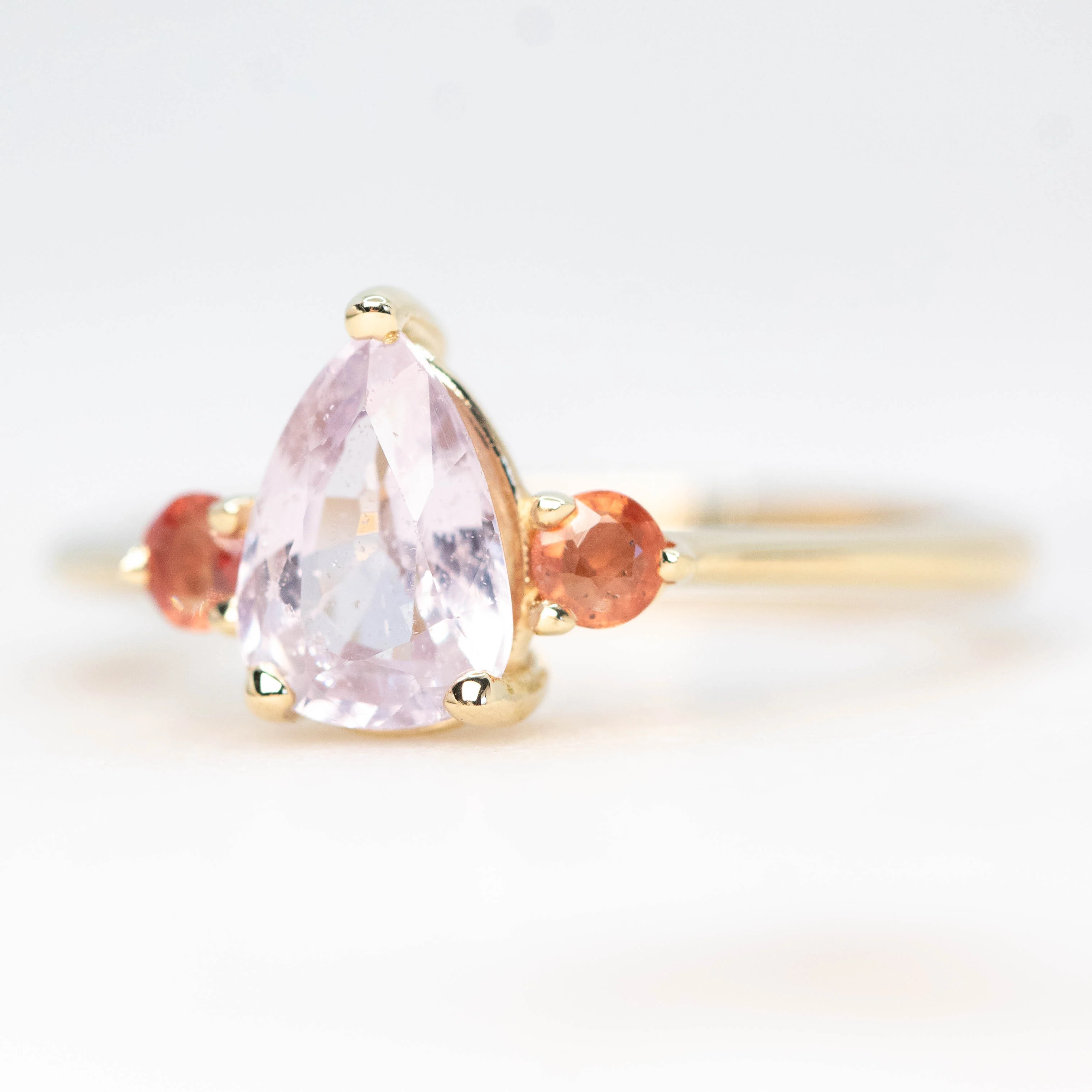Drea Ring with a 1.32 Carat Pink Pear Sapphire and Orange Sapphire Accents in 14k Yellow Gold - Ready to Size and Ship - Image 3