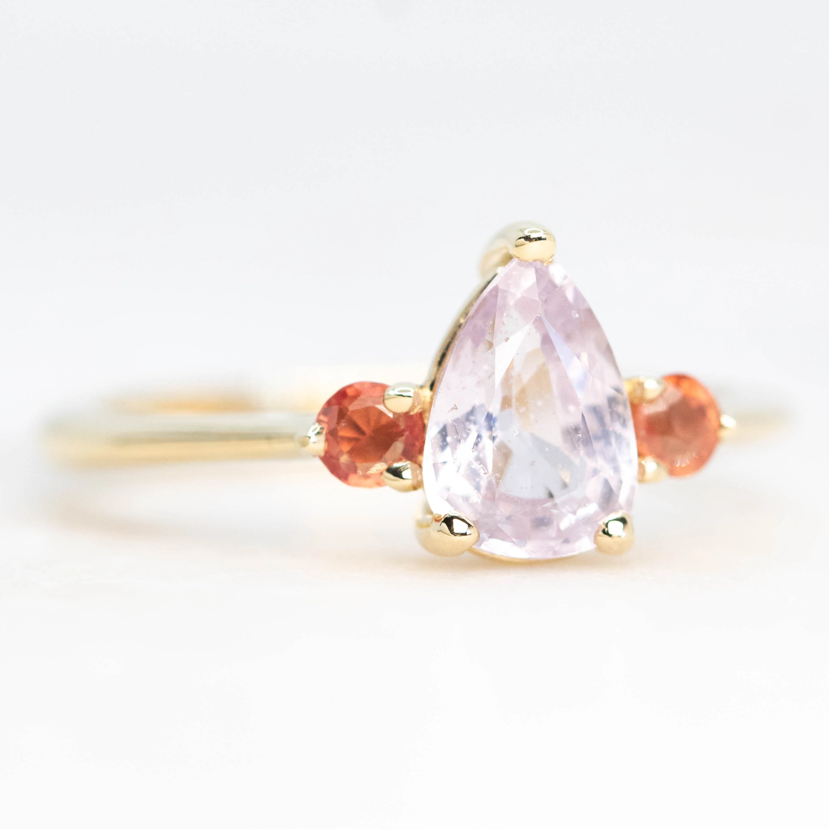 Drea Ring with a 1.32 Carat Pink Pear Sapphire and Orange Sapphire Accents in 14k Yellow Gold - Ready to Size and Ship - Image 4
