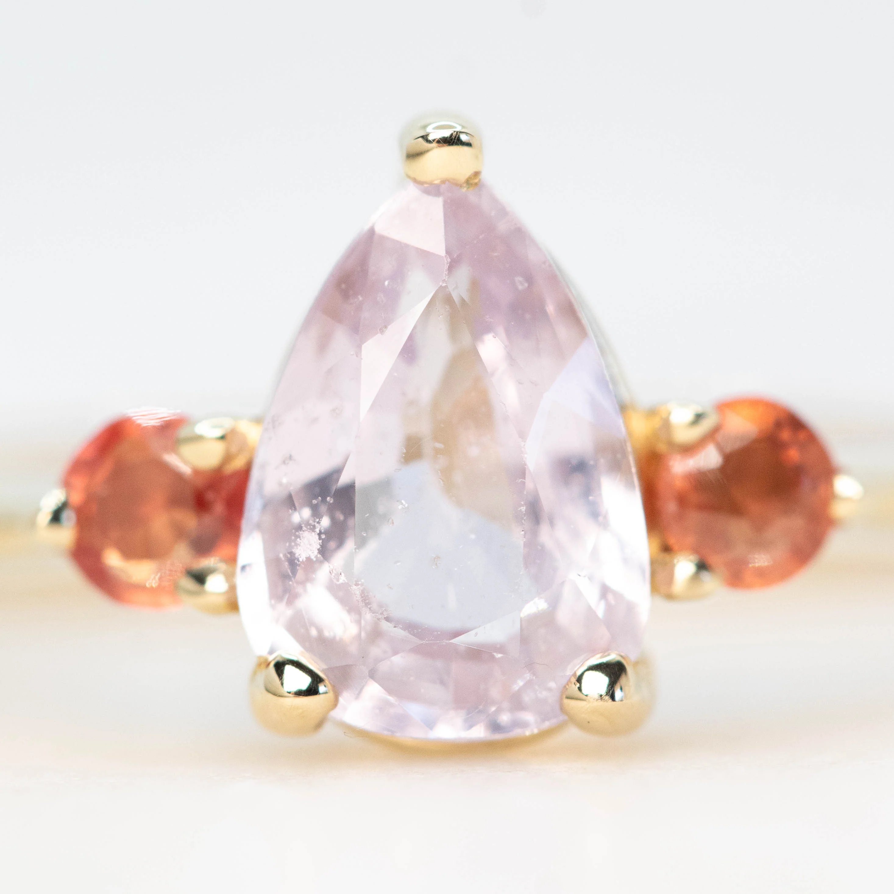 Drea Ring with a 1.32 Carat Pink Pear Sapphire and Orange Sapphire Accents in 14k Yellow Gold - Ready to Size and Ship - Image 7