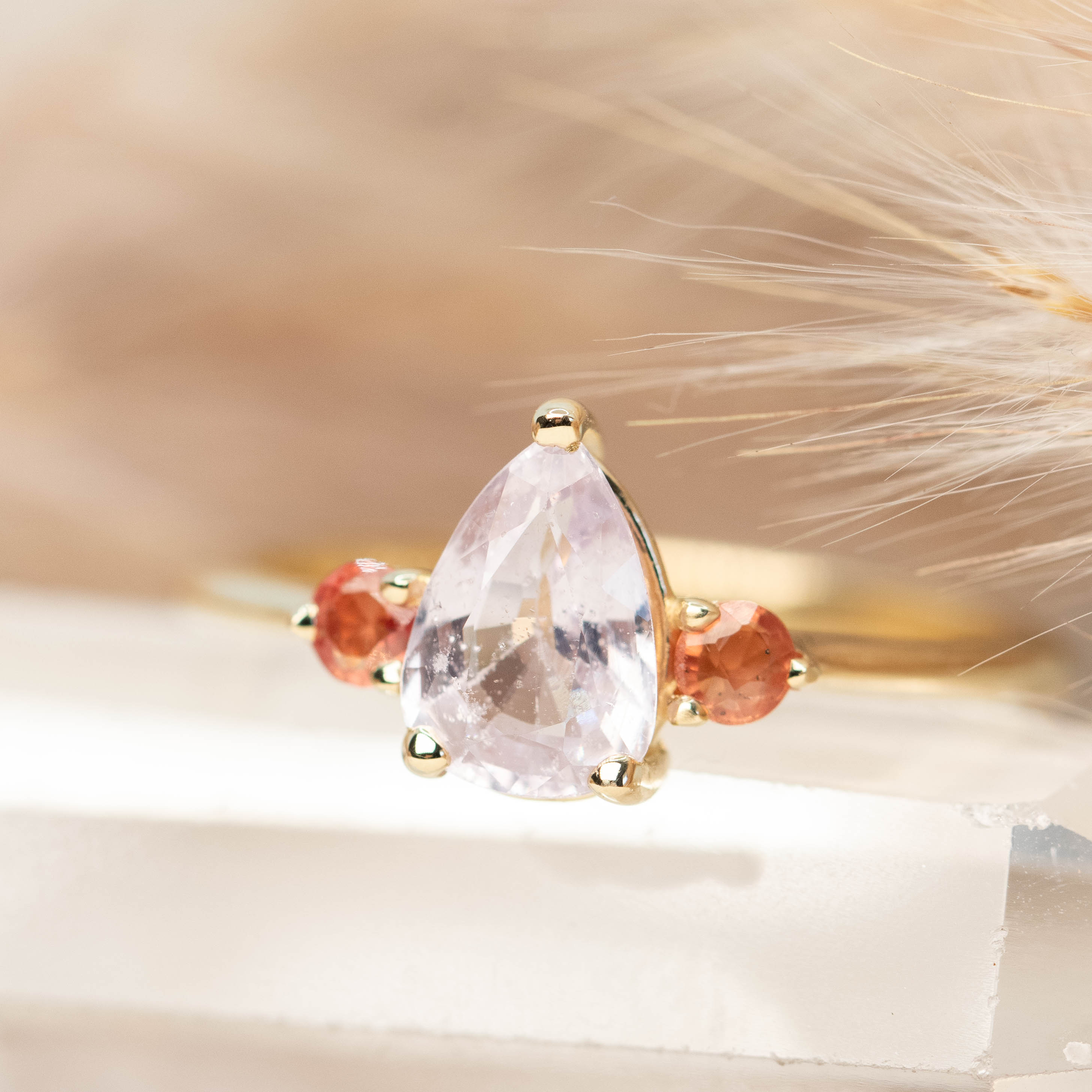 Drea Ring with a 1.32 Carat Pink Pear Sapphire and Orange Sapphire Accents in 14k Yellow Gold - Ready to Size and Ship - Image 8