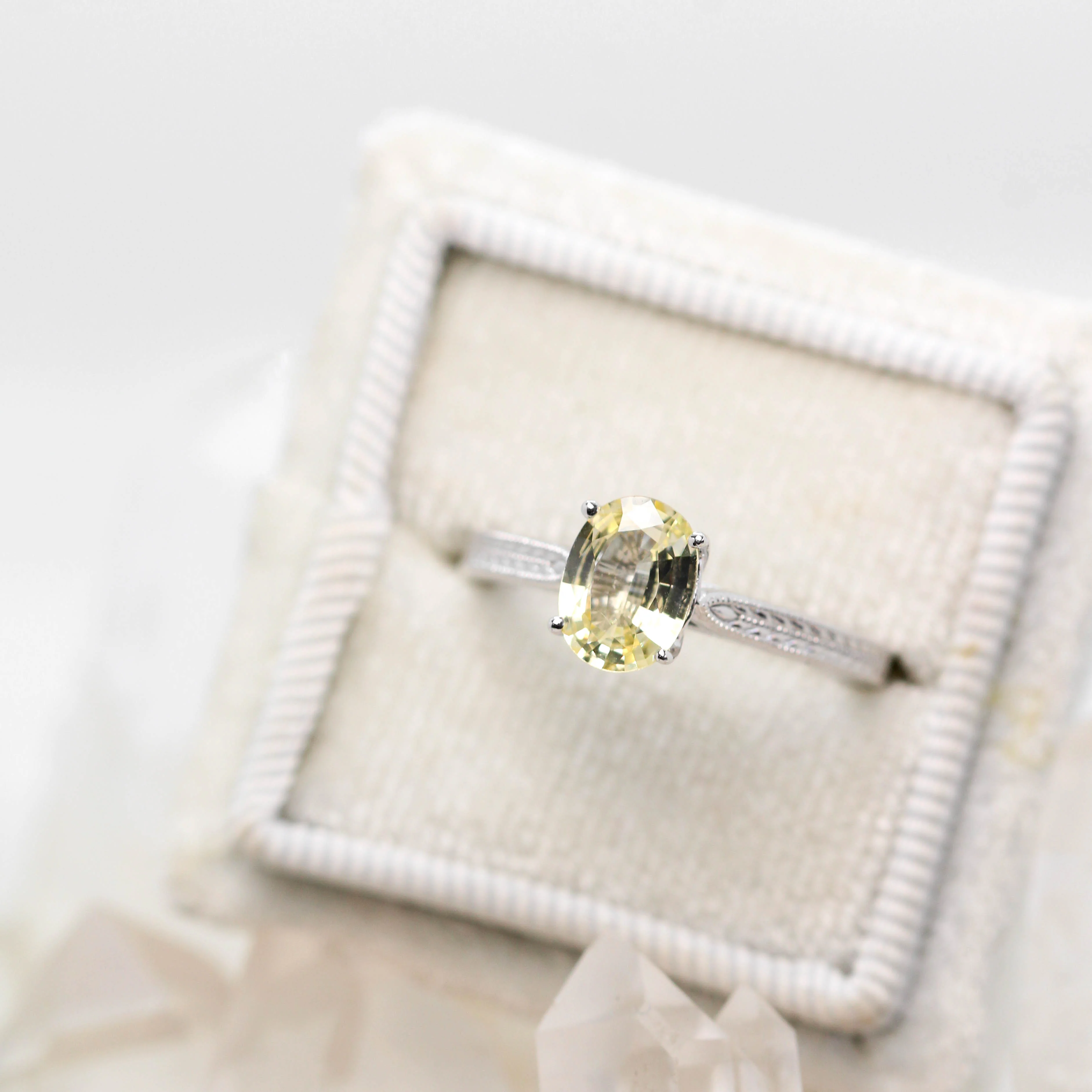 Edith Ring with a 1.28 Carat Yellow Oval Sapphire in 14k White Gold - Ready to Size and Ship - Image 7