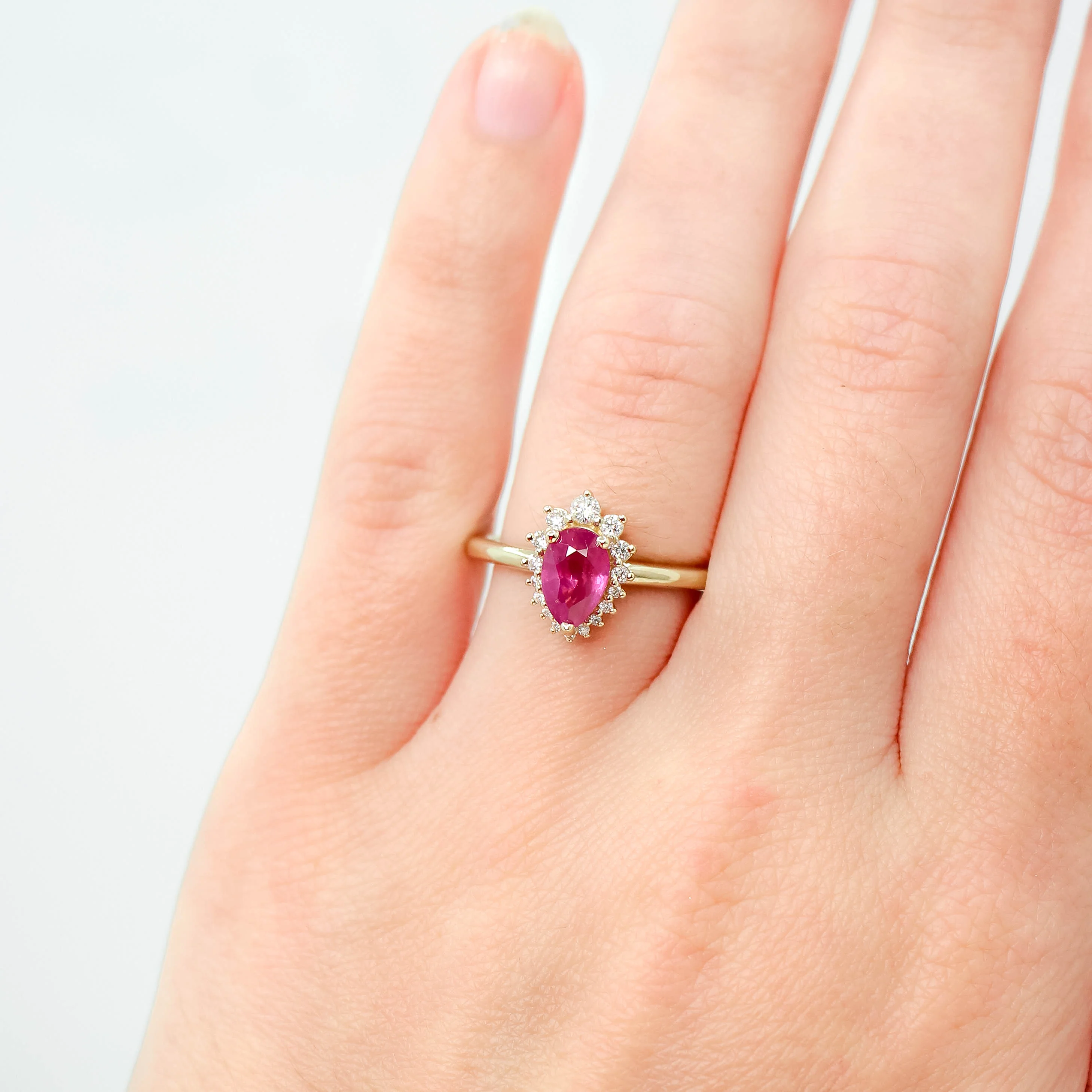 Eleanor Ring with a 1.22 Carat Pink Pear Sapphire Ruby and White Accent Diamonds in 14k Yellow Gold - Ready to Size and Ship - Image 10