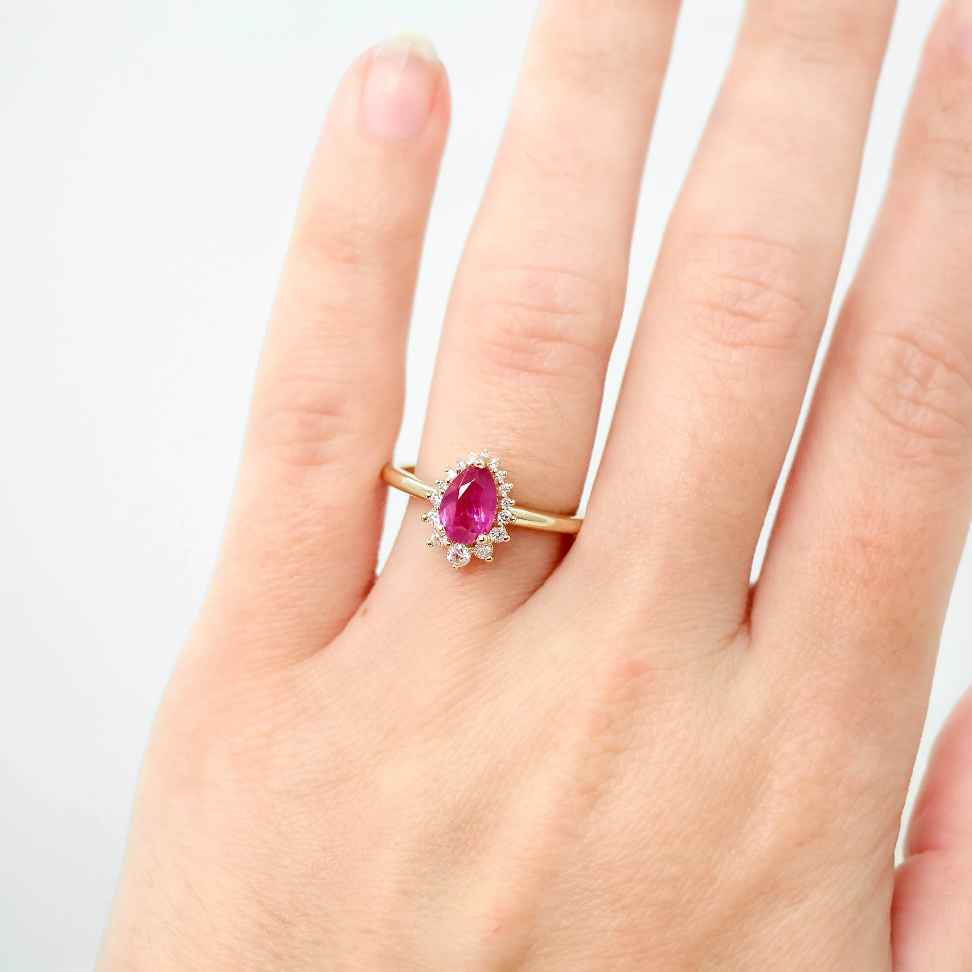 Eleanor Ring with a 1.22 Carat Pink Pear Sapphire Ruby and White Accent Diamonds in 14k Yellow Gold - Ready to Size and Ship - Image 2