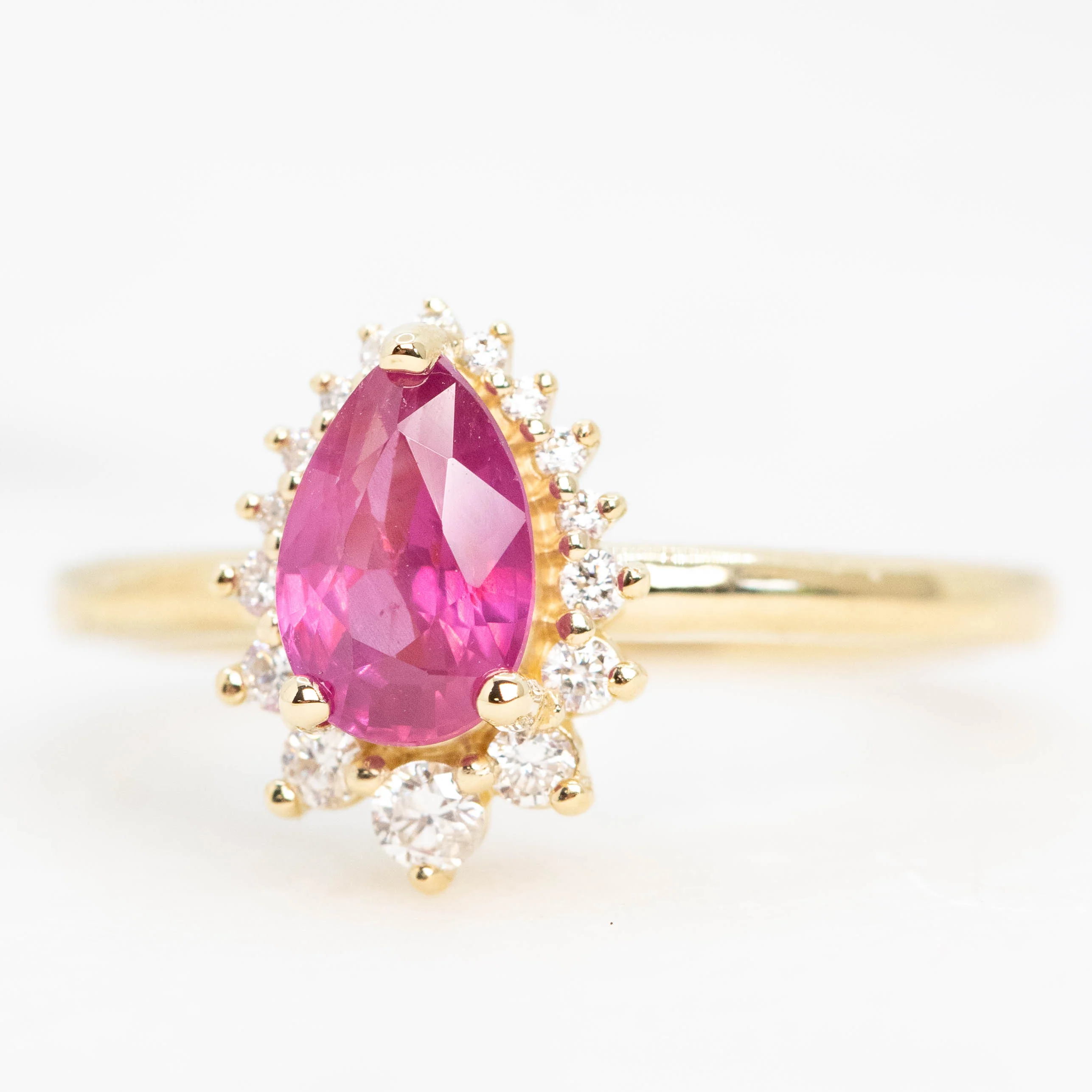 Eleanor Ring with a 1.22 Carat Pink Pear Sapphire Ruby and White Accent Diamonds in 14k Yellow Gold - Ready to Size and Ship - Image 3
