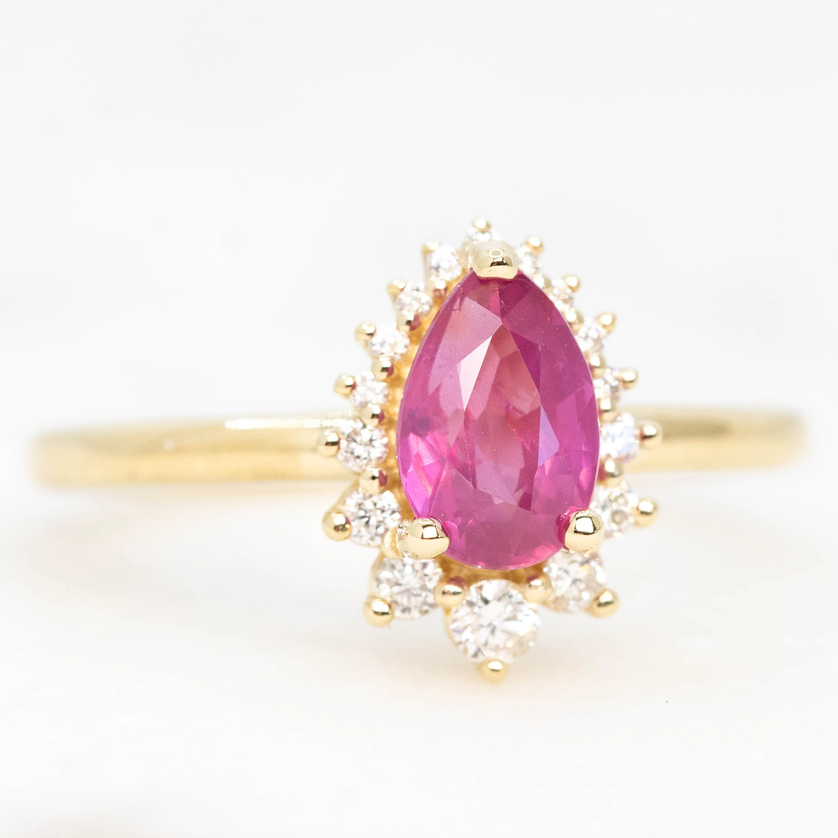 Eleanor Ring with a 1.22 Carat Pink Pear Sapphire Ruby and White Accent Diamonds in 14k Yellow Gold - Ready to Size and Ship - Image 4