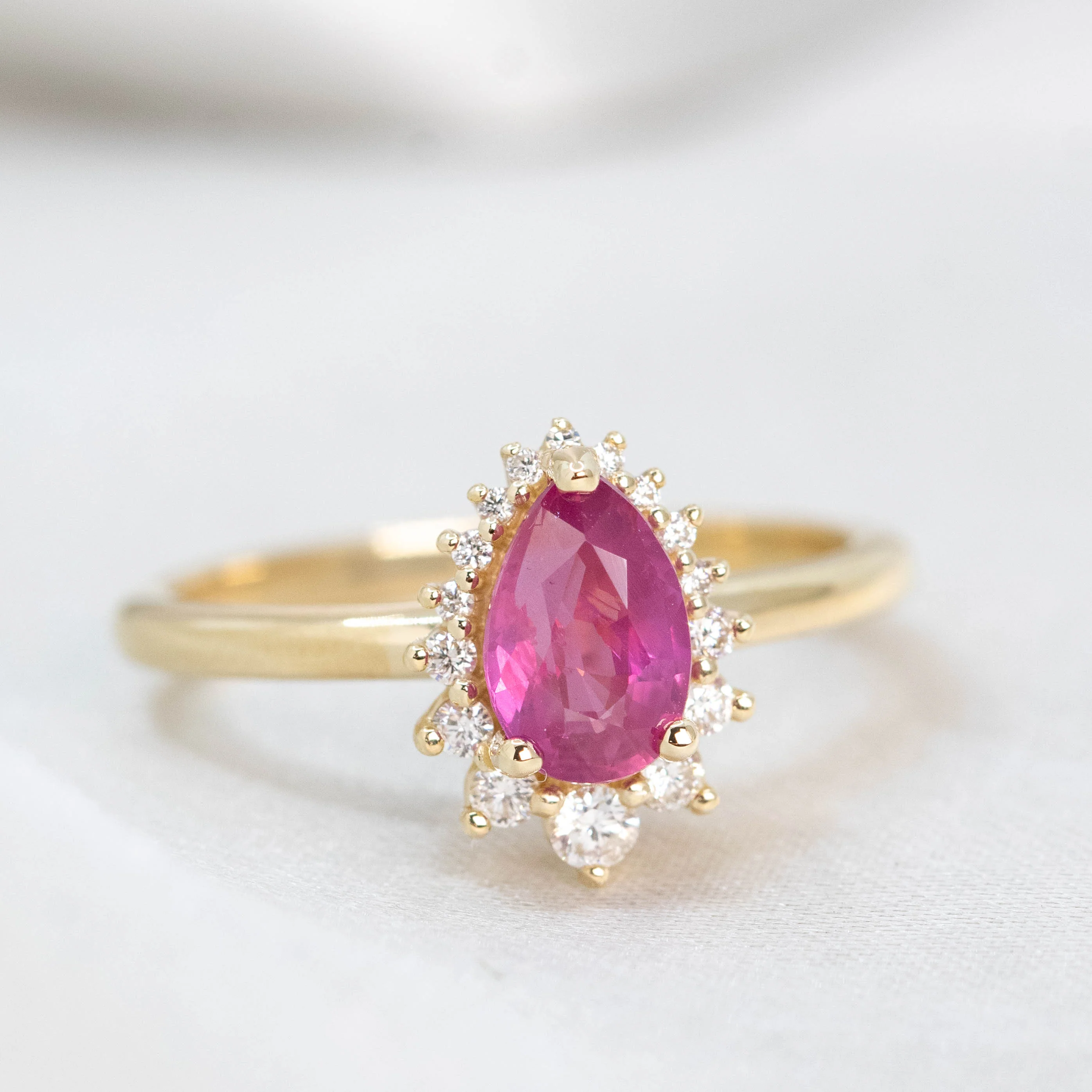 Eleanor Ring with a 1.22 Carat Pink Pear Sapphire Ruby and White Accent Diamonds in 14k Yellow Gold - Ready to Size and Ship - Image 7