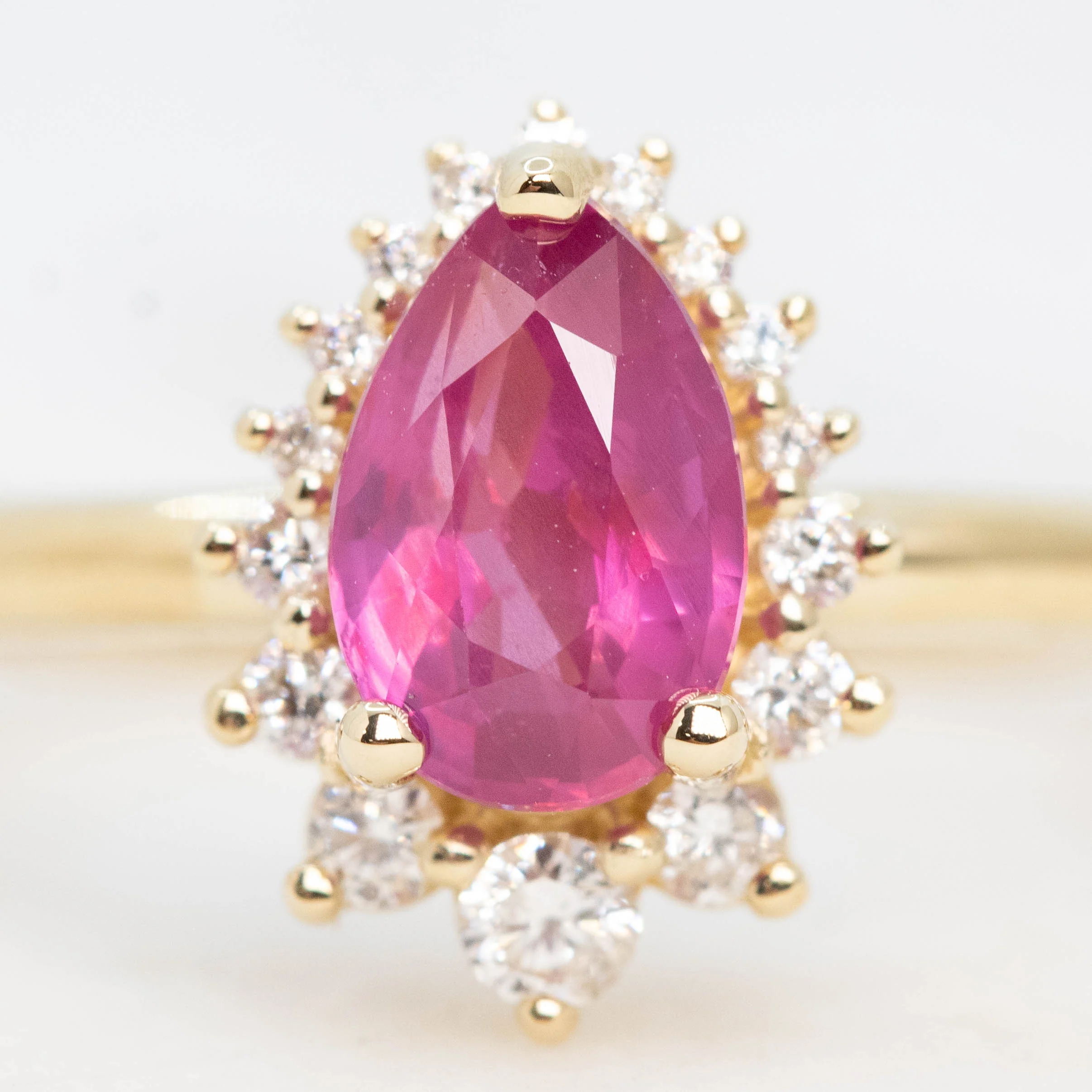 Eleanor Ring with a 1.22 Carat Pink Pear Sapphire Ruby and White Accent Diamonds in 14k Yellow Gold - Ready to Size and Ship - Image 8
