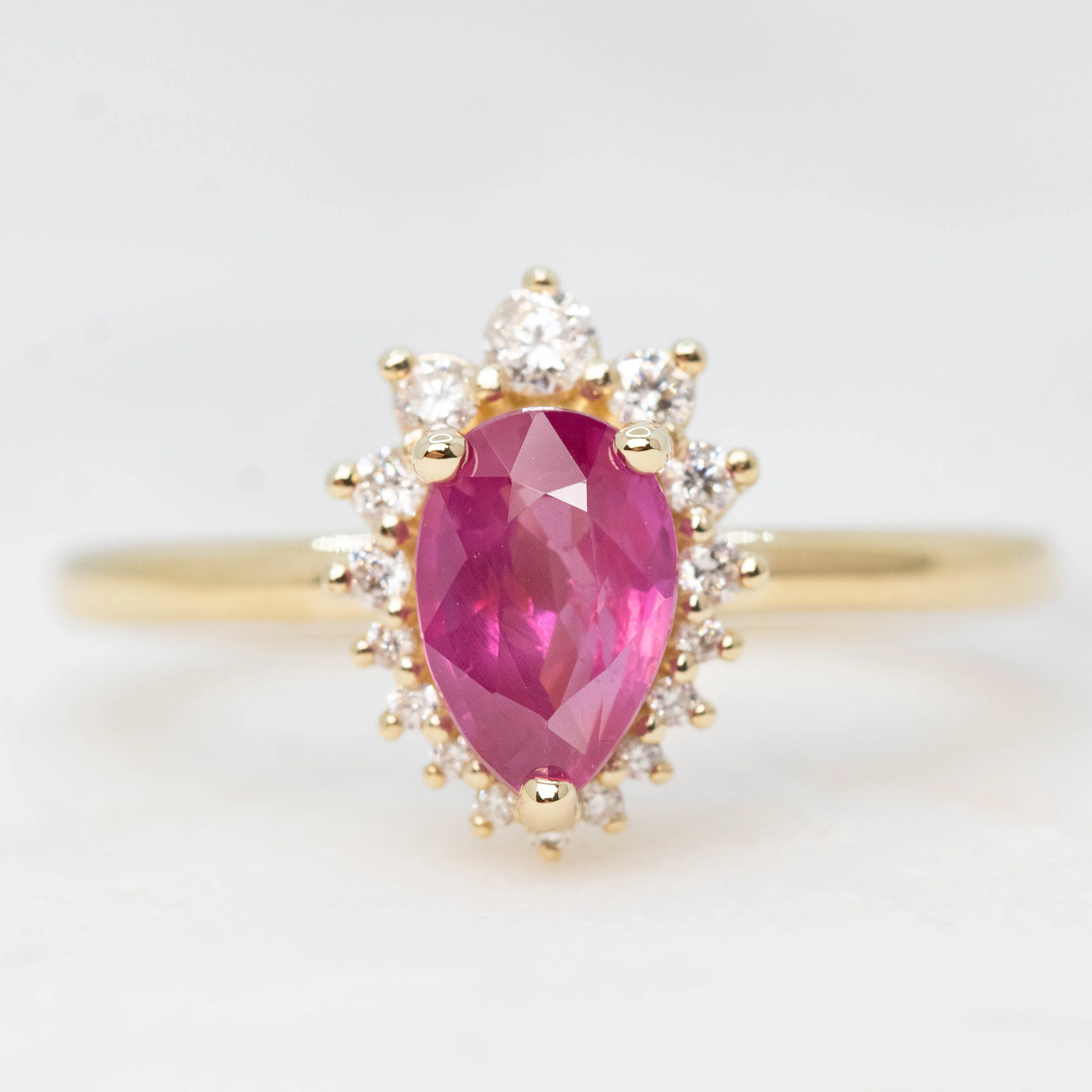 Eleanor Ring with a 1.22 Carat Pink Pear Sapphire Ruby and White Accent Diamonds in 14k Yellow Gold - Ready to Size and Ship - Image 9