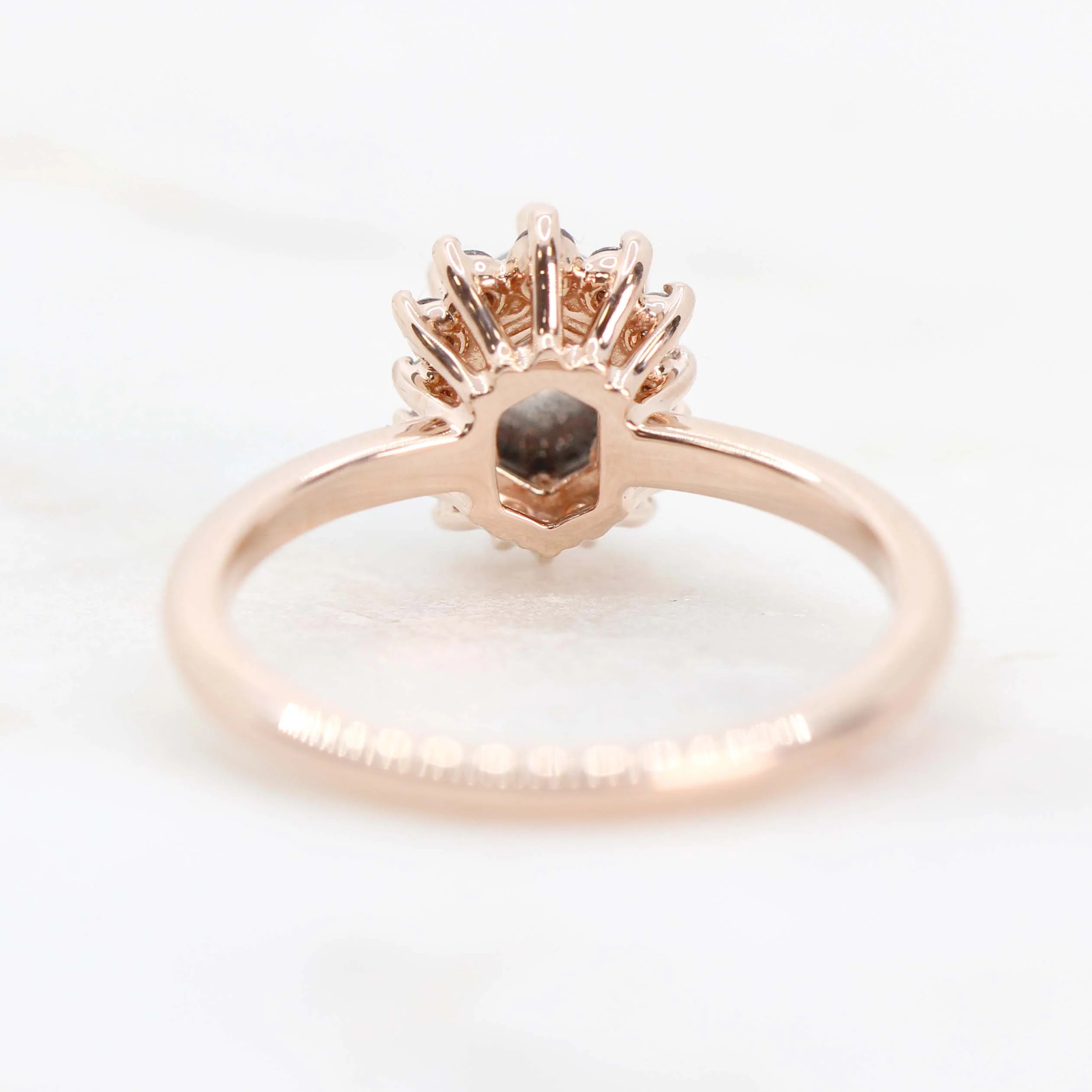 Project: Custom Eleanor Ring with a 1 Carat Stormy Gray Hexagon Diamond and Black Ombre Diamond Accents in 14k - Image 6