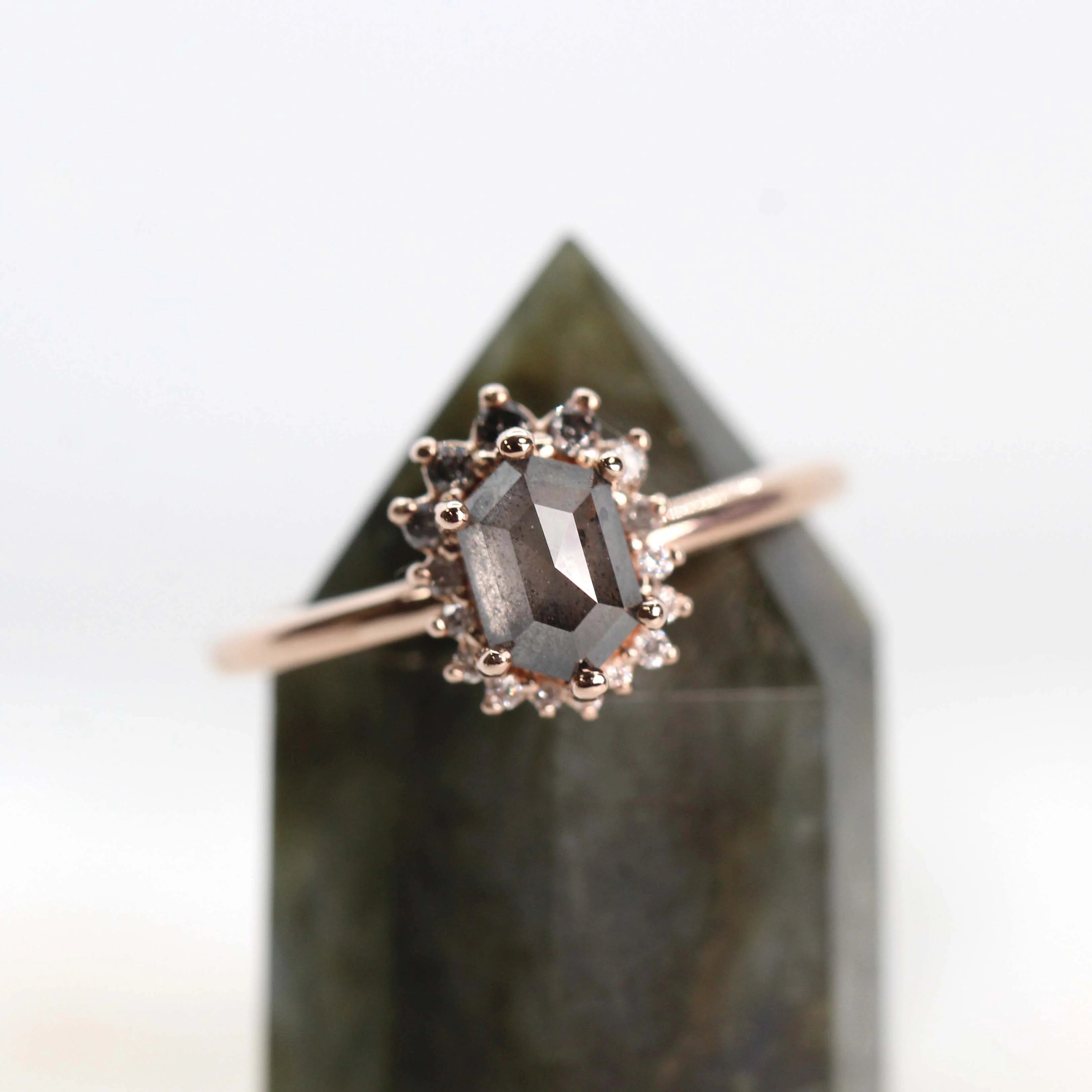 Project: Custom Eleanor Ring with a 1 Carat Stormy Gray Hexagon Diamond and Black Ombre Diamond Accents in 14k - Image 7