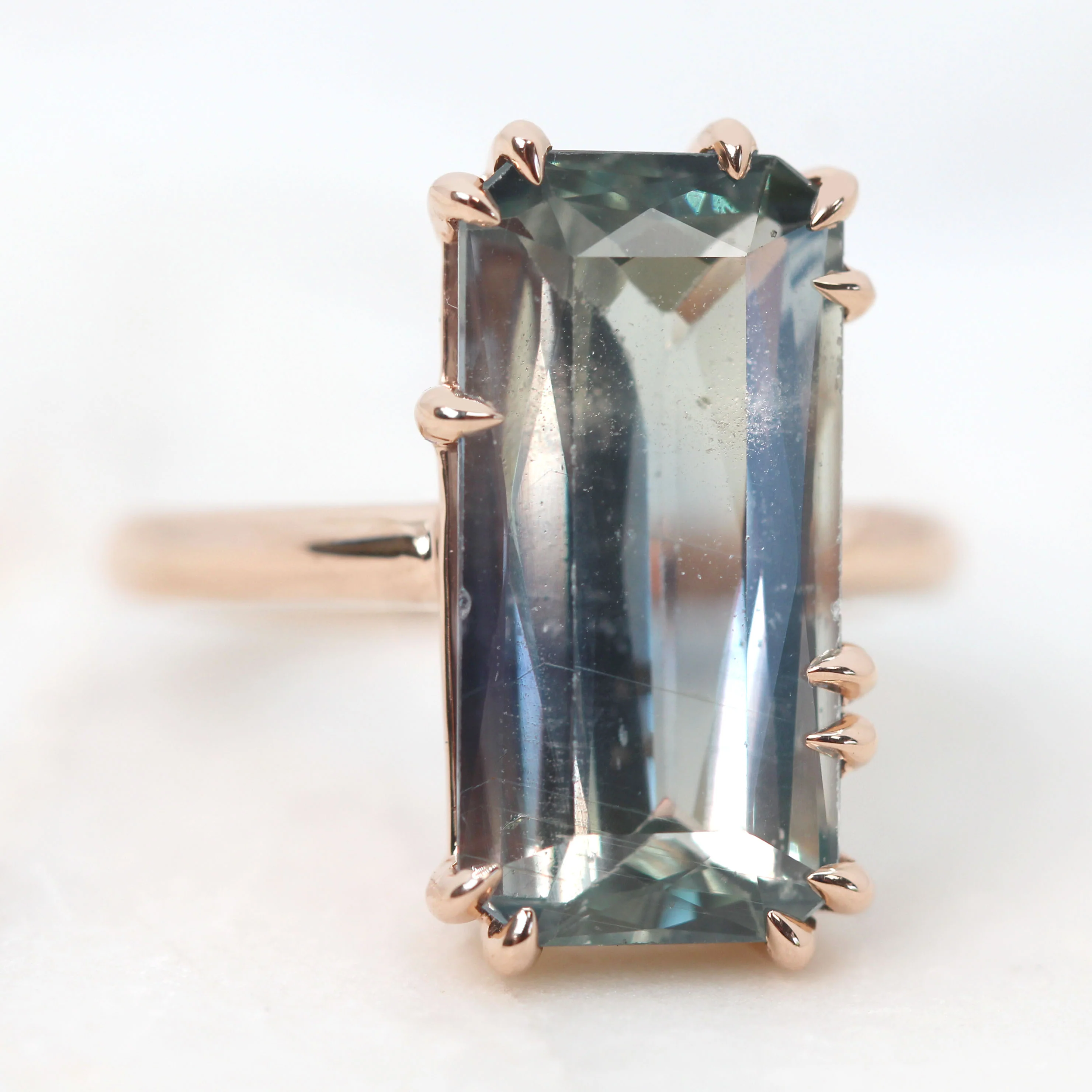 Elena Ring with a 10.75 Carat Emerald Cut Teal Sapphire in 14k Rose Gold - Ready to Size and Ship - Image 4