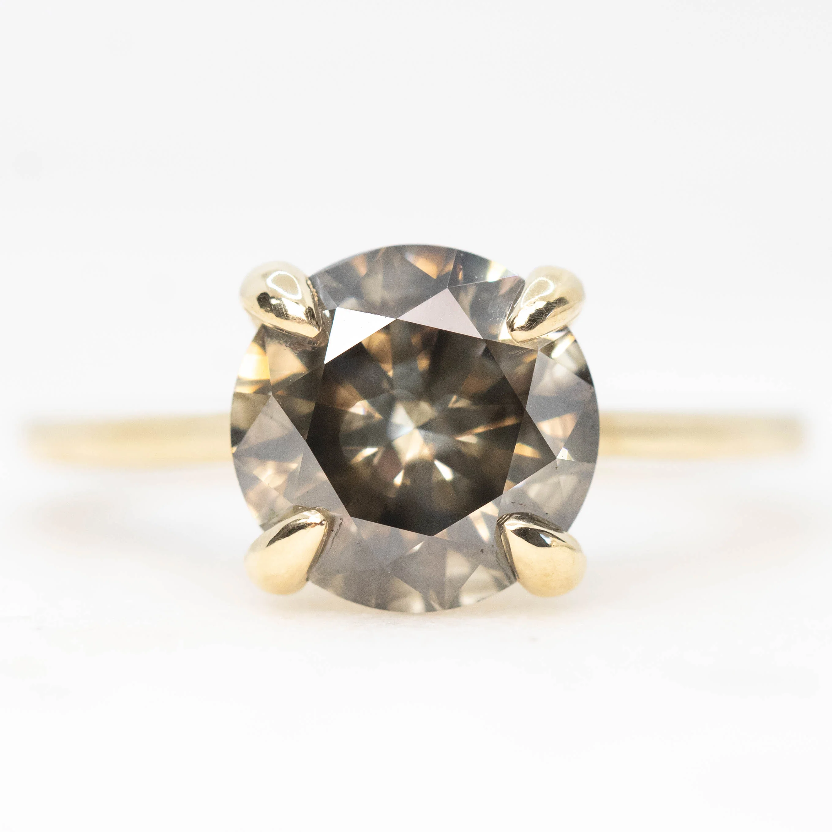 Elle Ring with a 3.05 Carat Round Dark and Clear Champagne Diamond in 14k Yellow Gold - Ready to Size and Ship