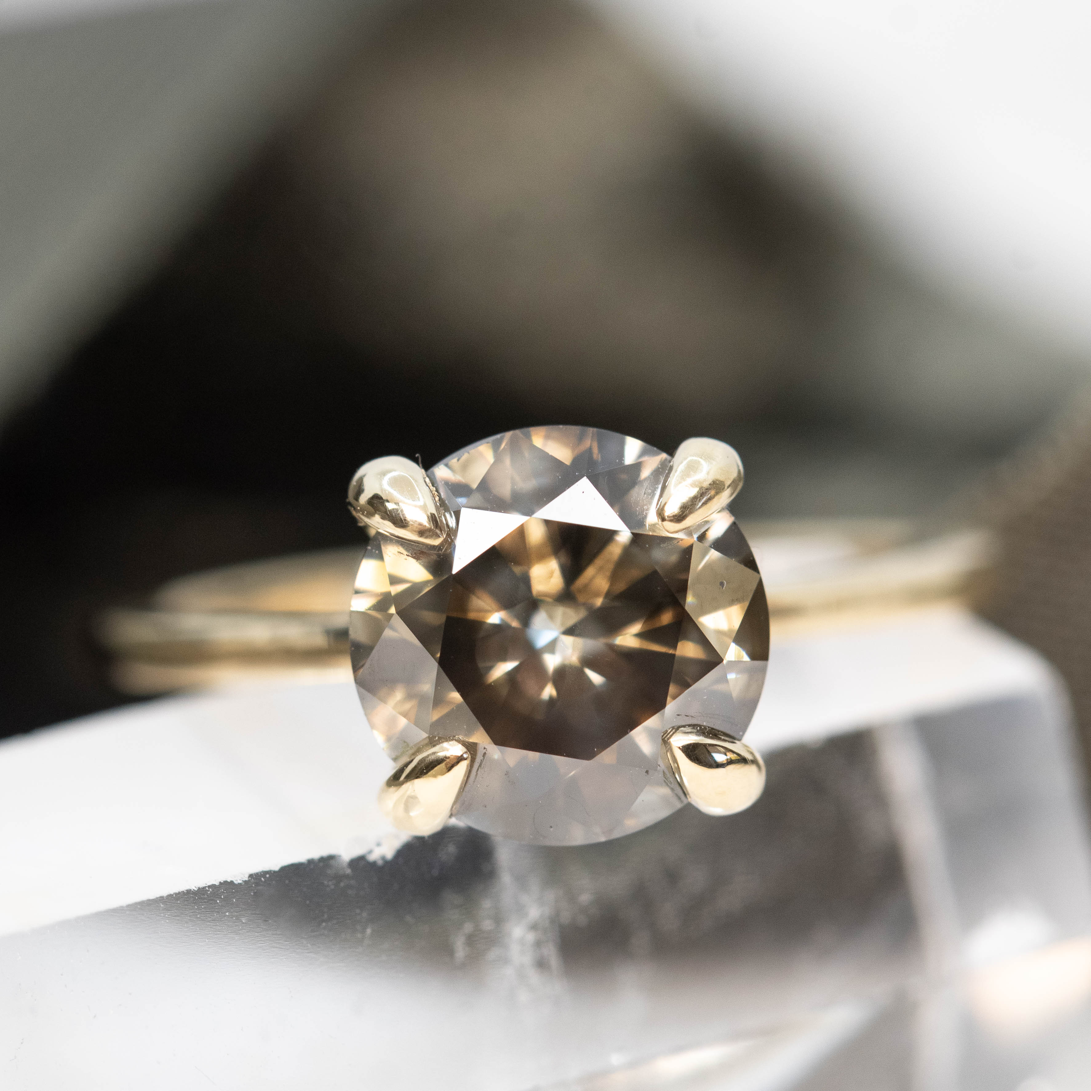 Elle Ring with a 3.05 Carat Round Dark and Clear Champagne Diamond in 14k Yellow Gold - Ready to Size and Ship - Image 8