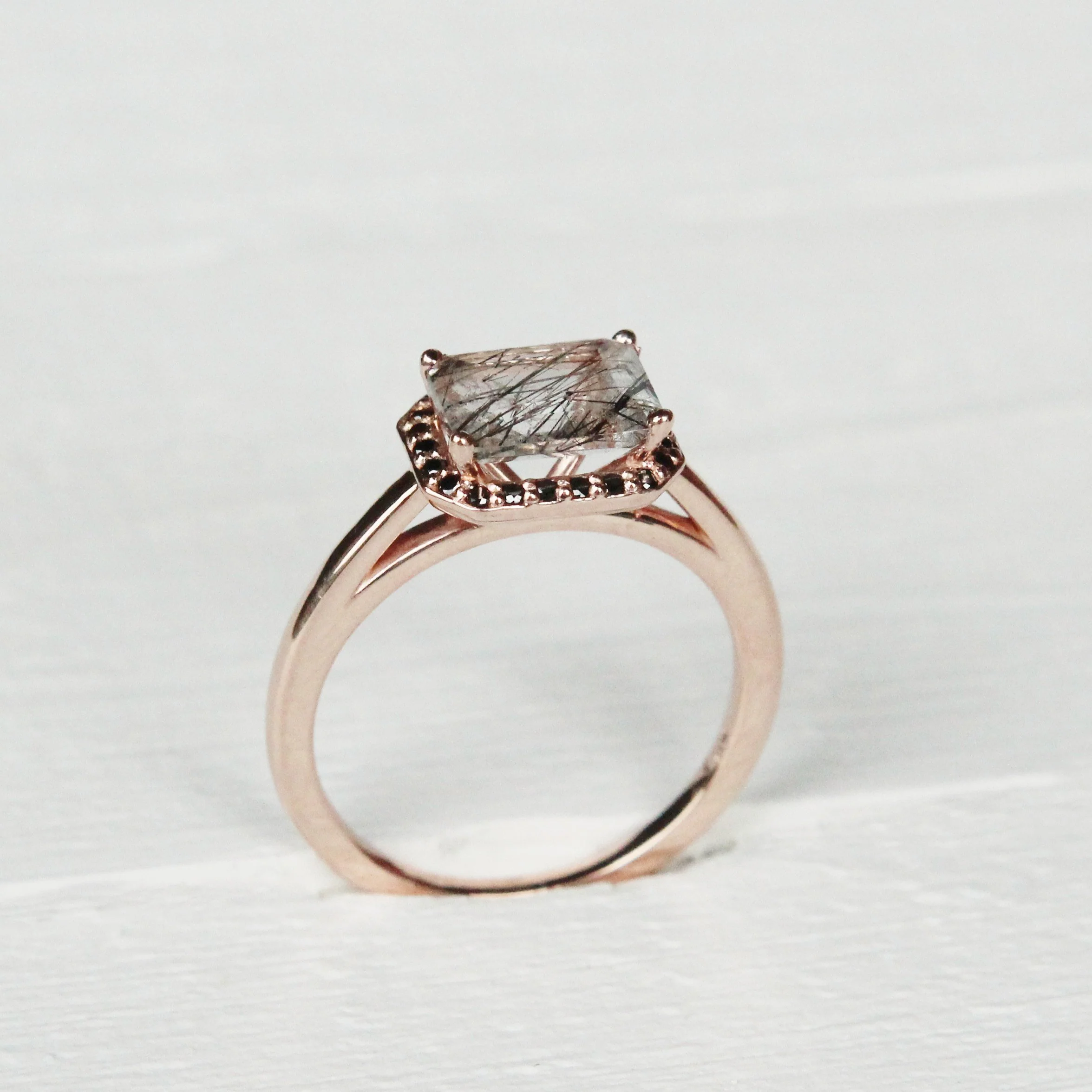 Kait Ring with an Emerald Cut Tourmalinated Quartz and a Diamond Halo - Made to Order - Image 11