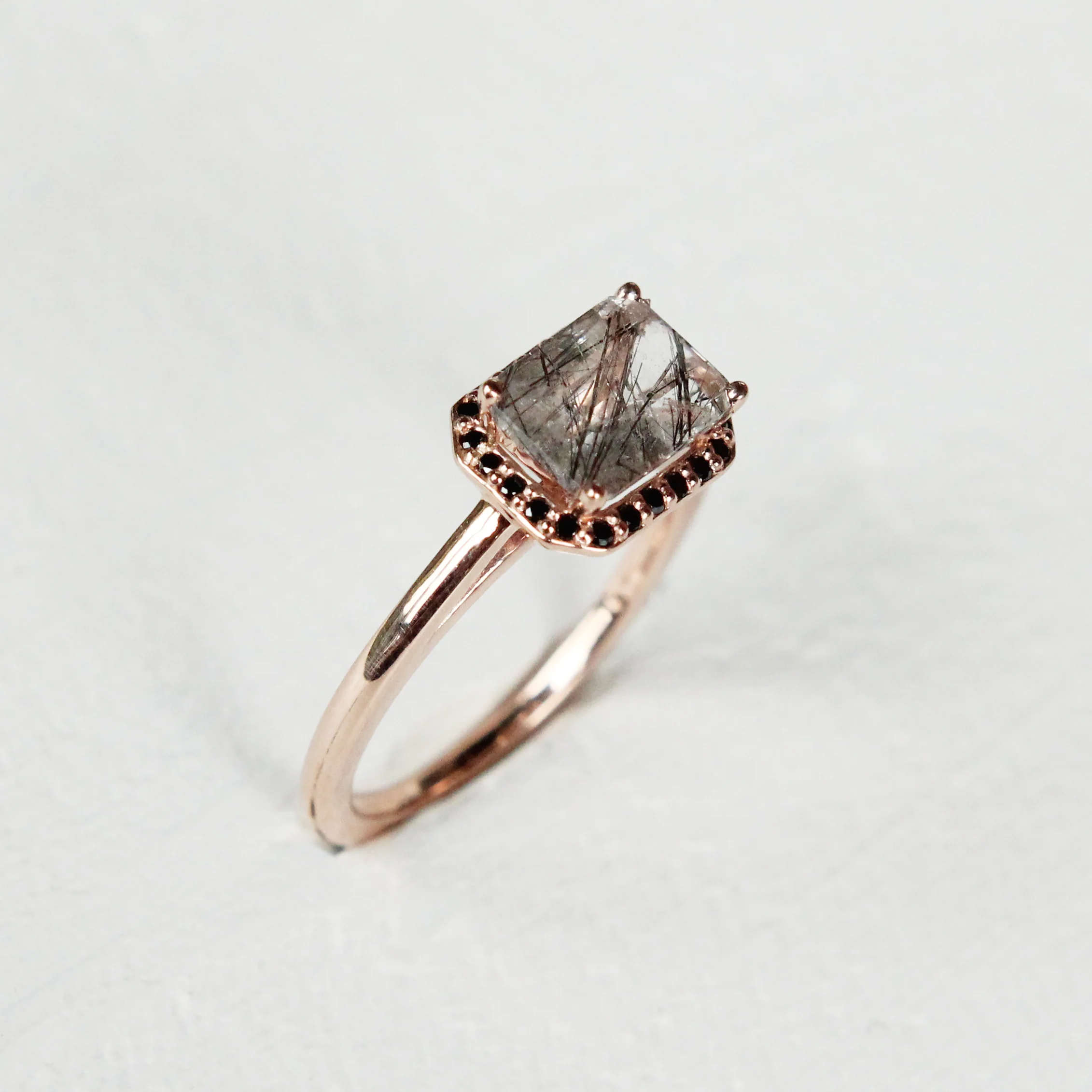 Kait Ring with an Emerald Cut Tourmalinated Quartz and a Diamond Halo - Made to Order - Image 12