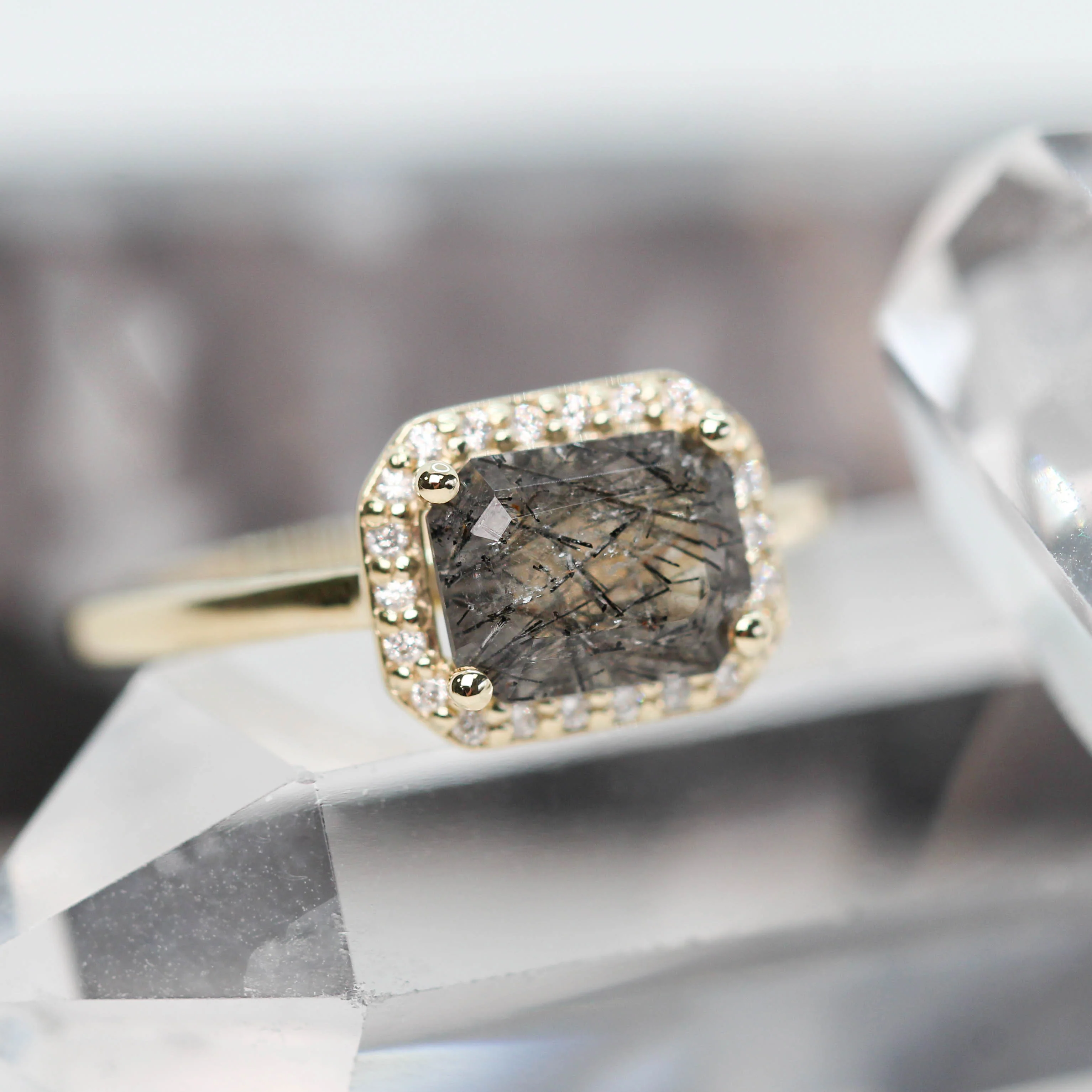Kait Ring with an Emerald Cut Tourmalinated Quartz and a Diamond Halo - Made to Order - Image 13