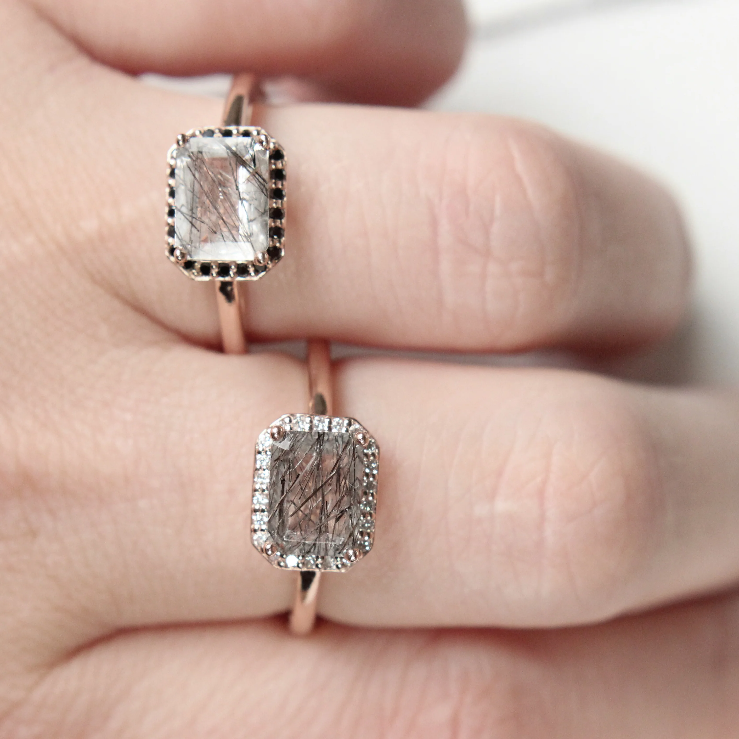 Kait Ring with an Emerald Cut Tourmalinated Quartz and a Diamond Halo - Made to Order - Image 14