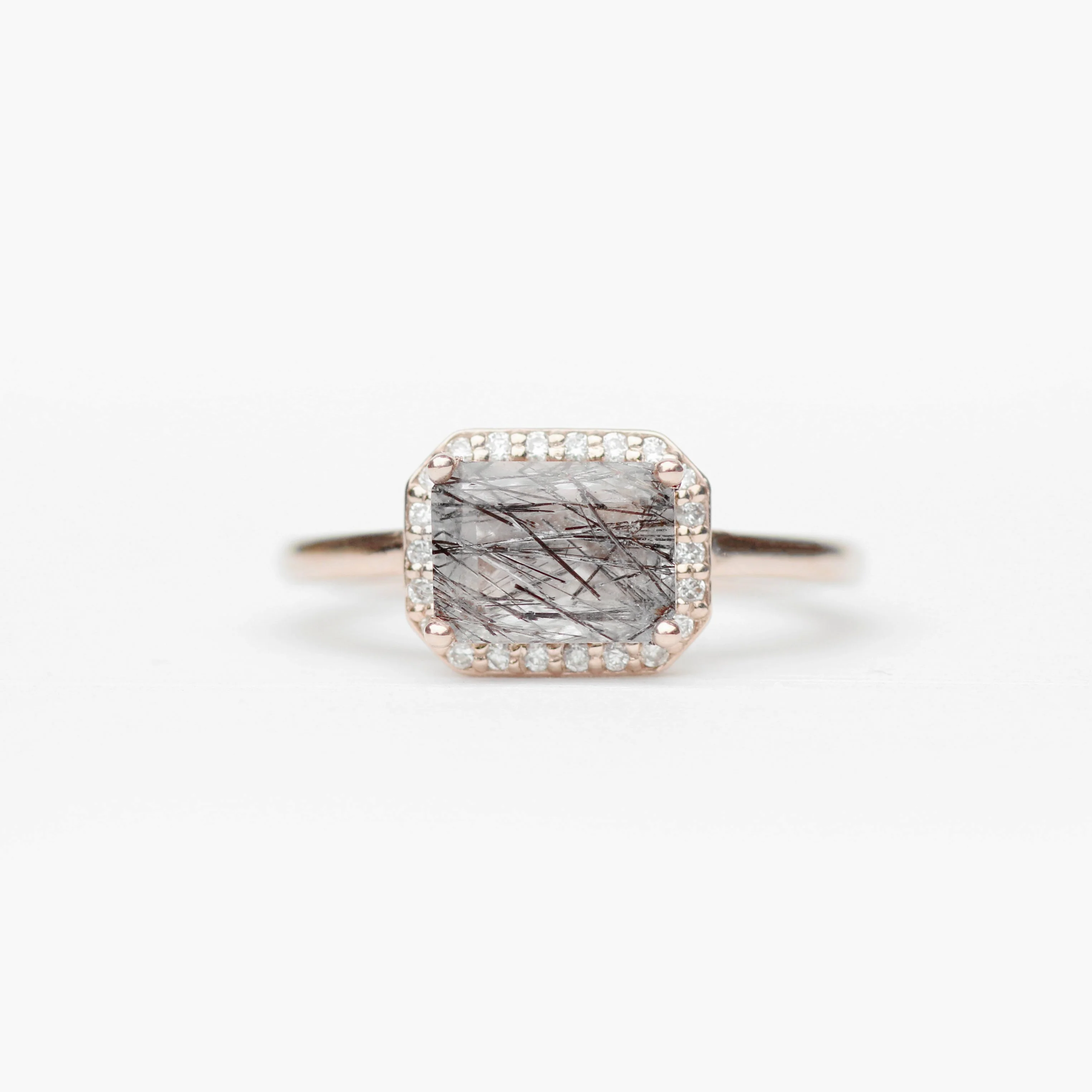 Kait Ring with an Emerald Cut Tourmalinated Quartz and a Diamond Halo - Made to Order - Image 3