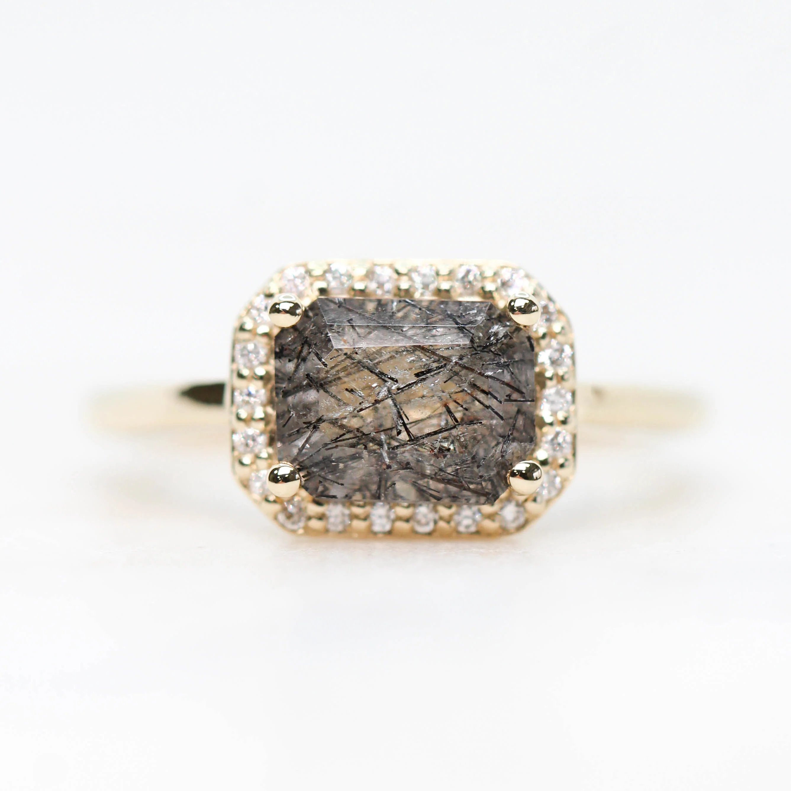 Kait Ring with an Emerald Cut Tourmalinated Quartz and a Diamond Halo - Made to Order - Image 4