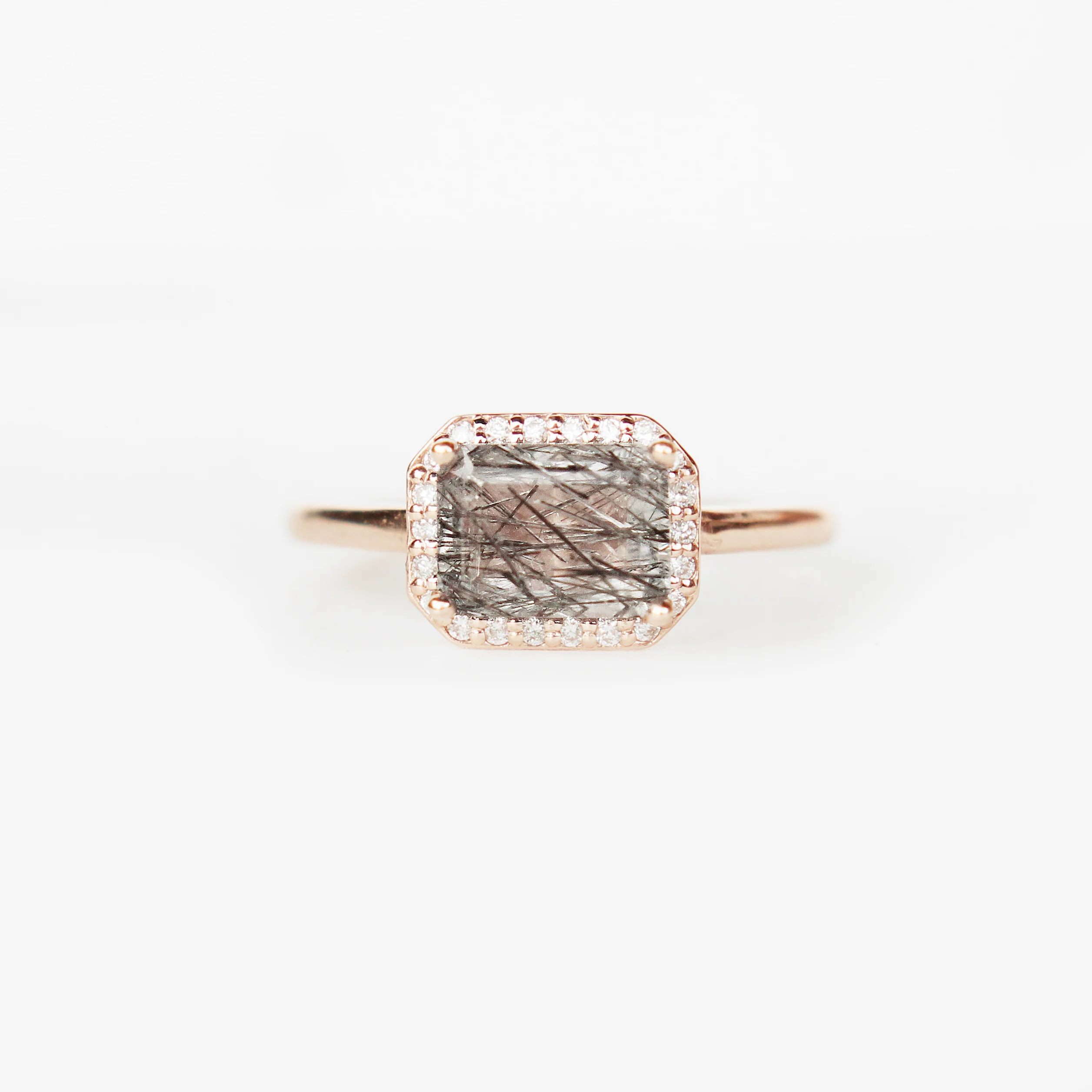 Kait Ring with an Emerald Cut Tourmalinated Quartz and a Diamond Halo - Made to Order - Image 5