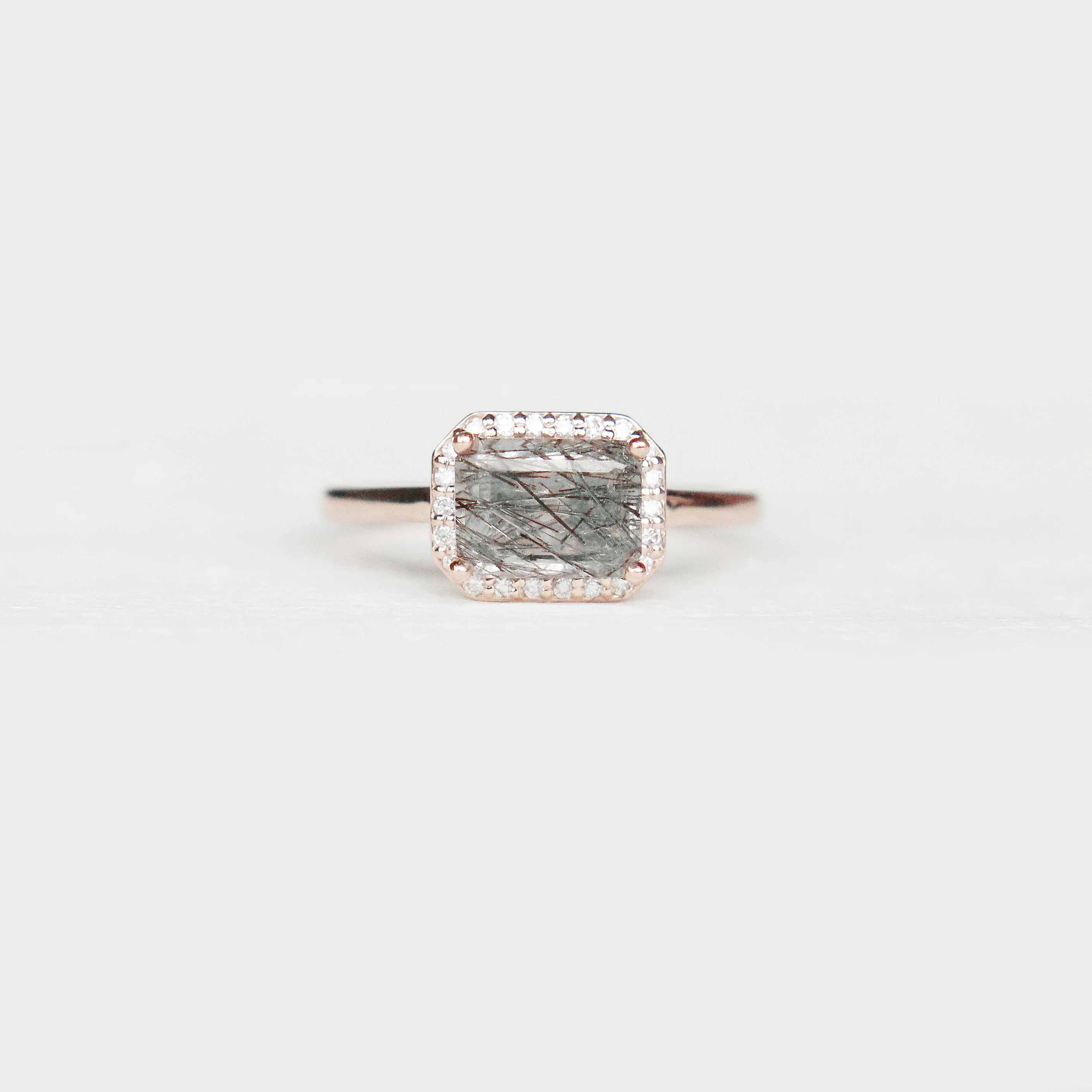 Kait Ring with an Emerald Cut Tourmalinated Quartz and a Diamond Halo - Made to Order - Image 8