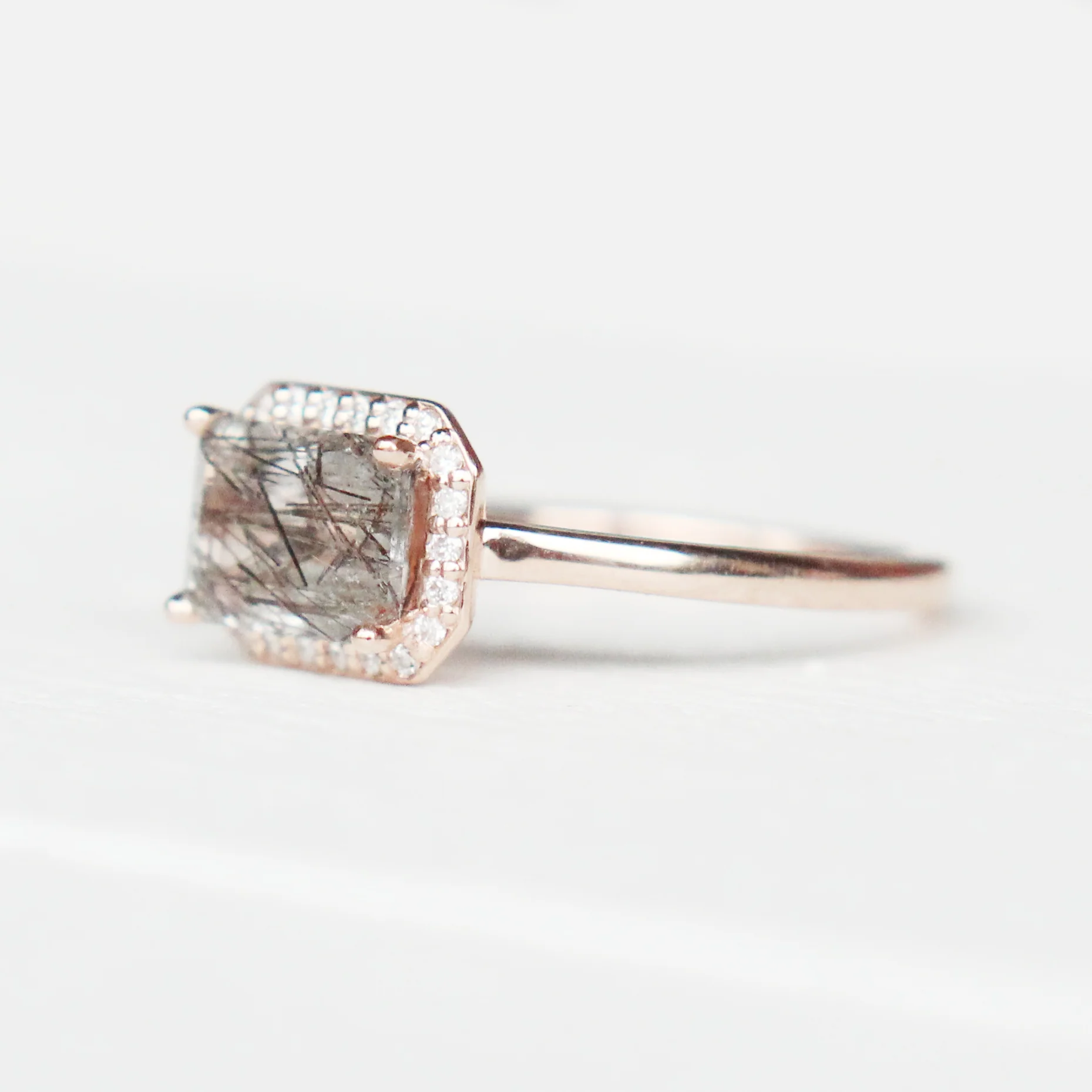 Kait Ring with an Emerald Cut Tourmalinated Quartz and a Diamond Halo - Made to Order - Image 9