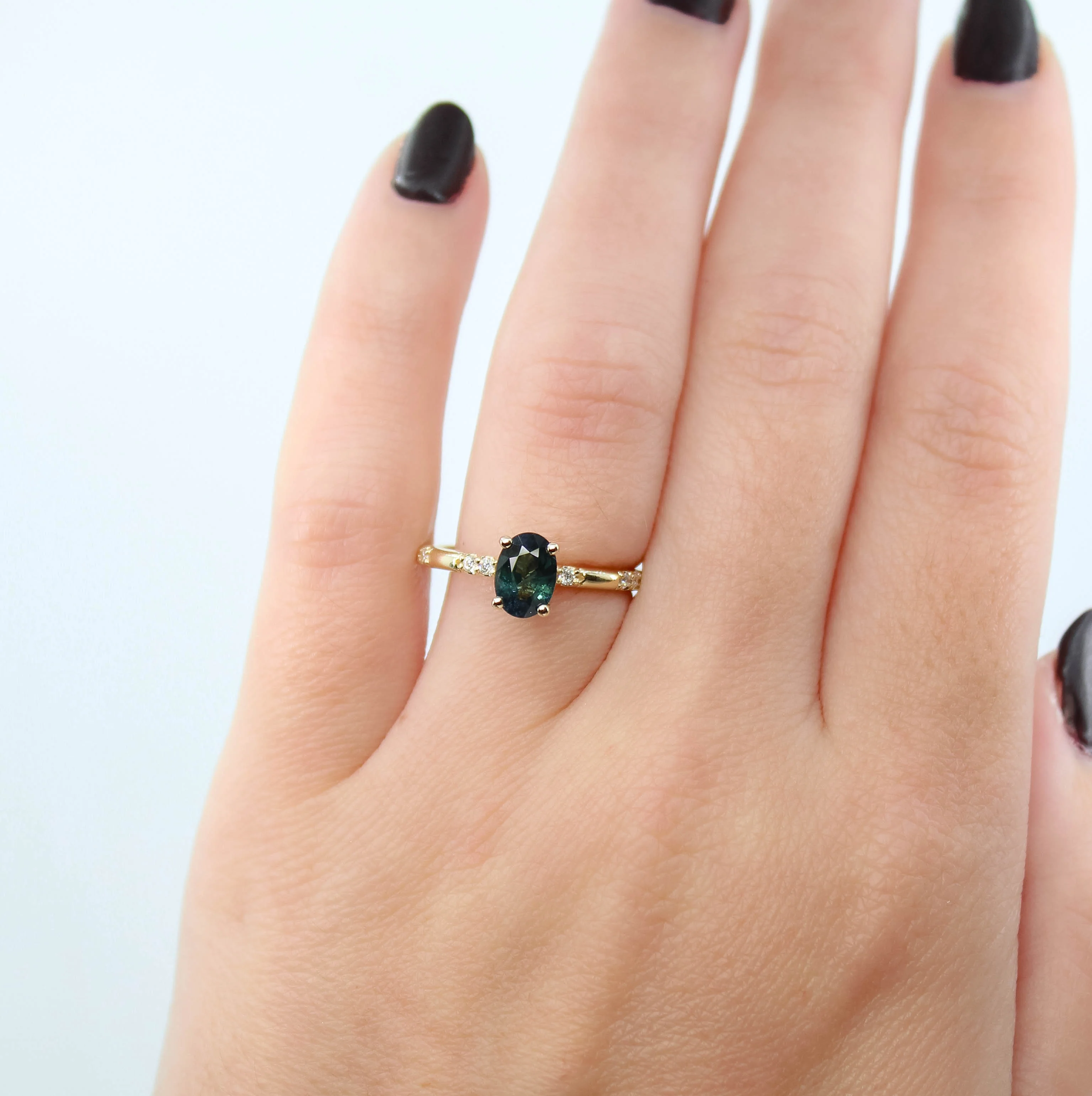 Estelle Ring with a 1.03 Carat Teal Oval Sapphire and White Accent Diamonds in 14k Yellow Gold - Ready to Size and Ship - Image 2