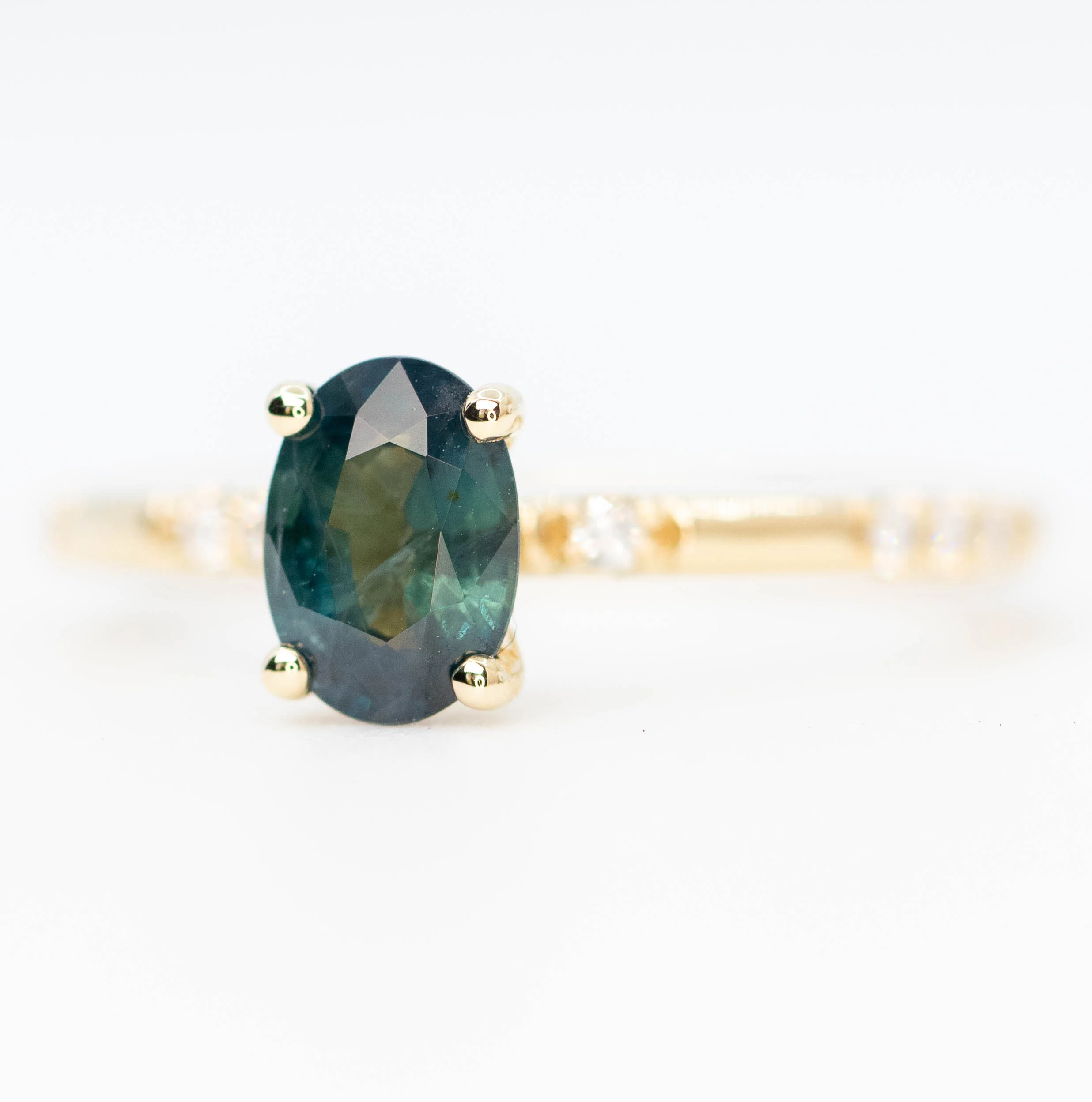 Estelle Ring with a 1.03 Carat Teal Oval Sapphire and White Accent Diamonds in 14k Yellow Gold - Ready to Size and Ship - Image 3