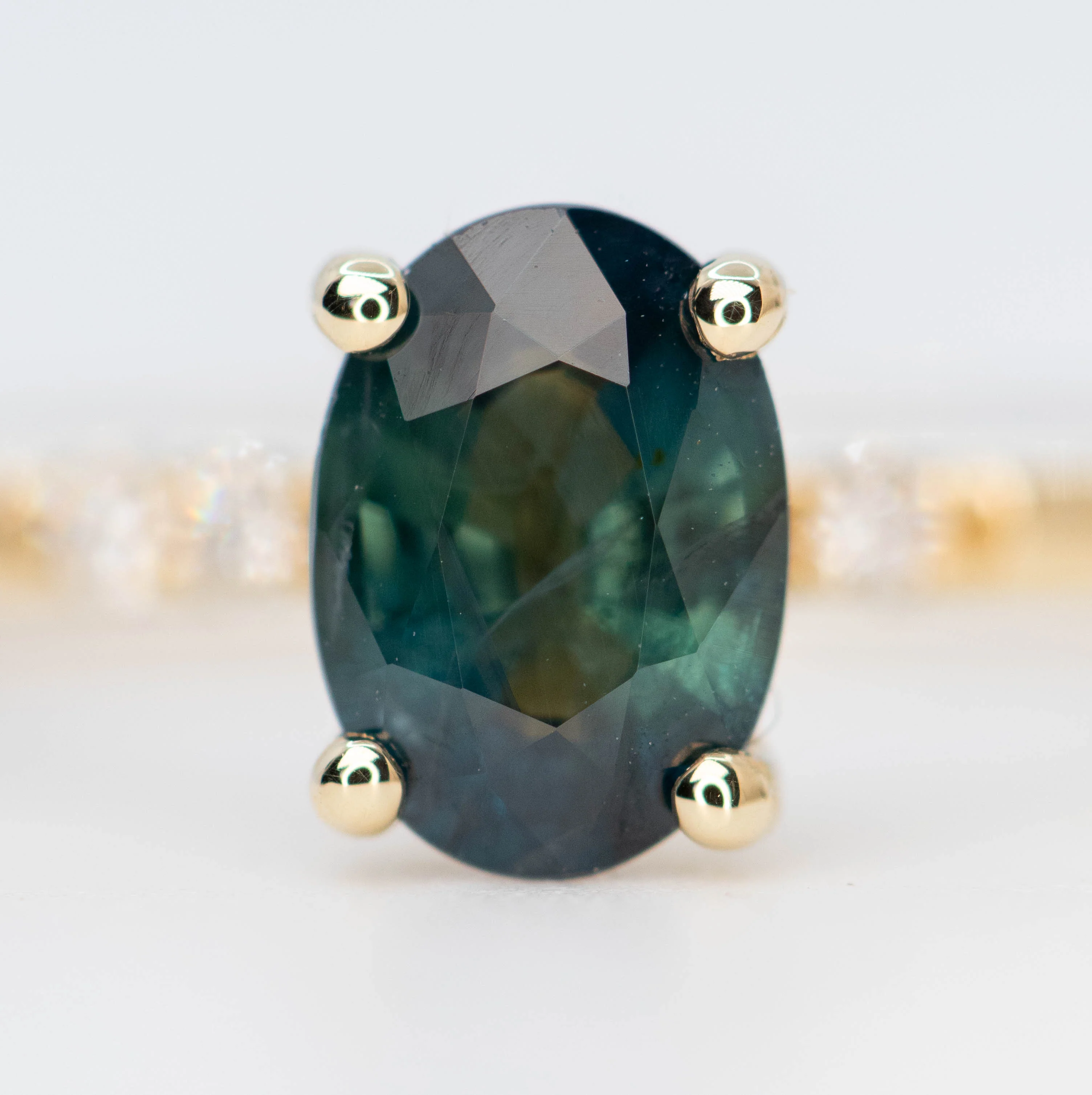 Estelle Ring with a 1.03 Carat Teal Oval Sapphire and White Accent Diamonds in 14k Yellow Gold - Ready to Size and Ship - Image 7