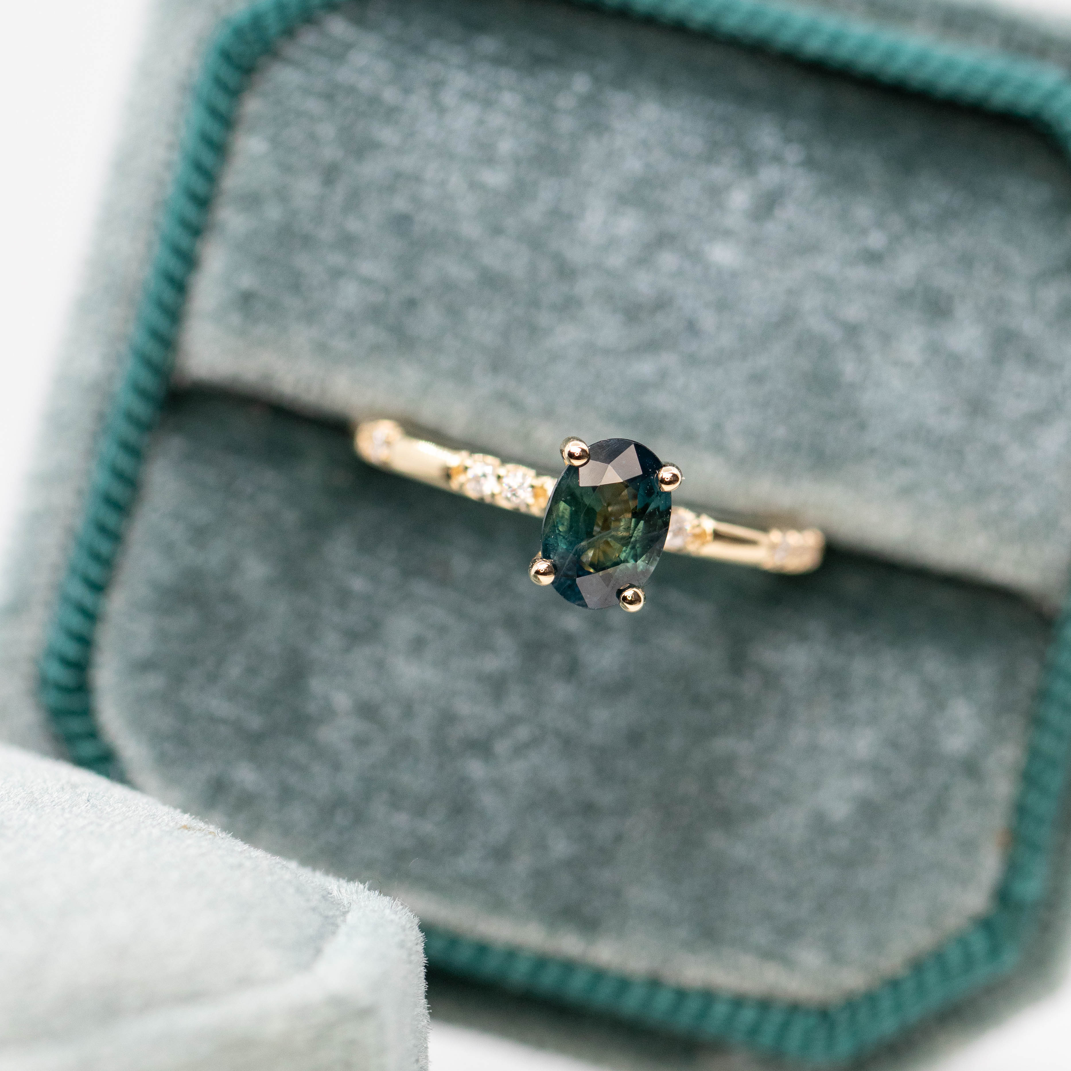 Estelle Ring with a 1.03 Carat Teal Oval Sapphire and White Accent Diamonds in 14k Yellow Gold - Ready to Size and Ship - Image 8