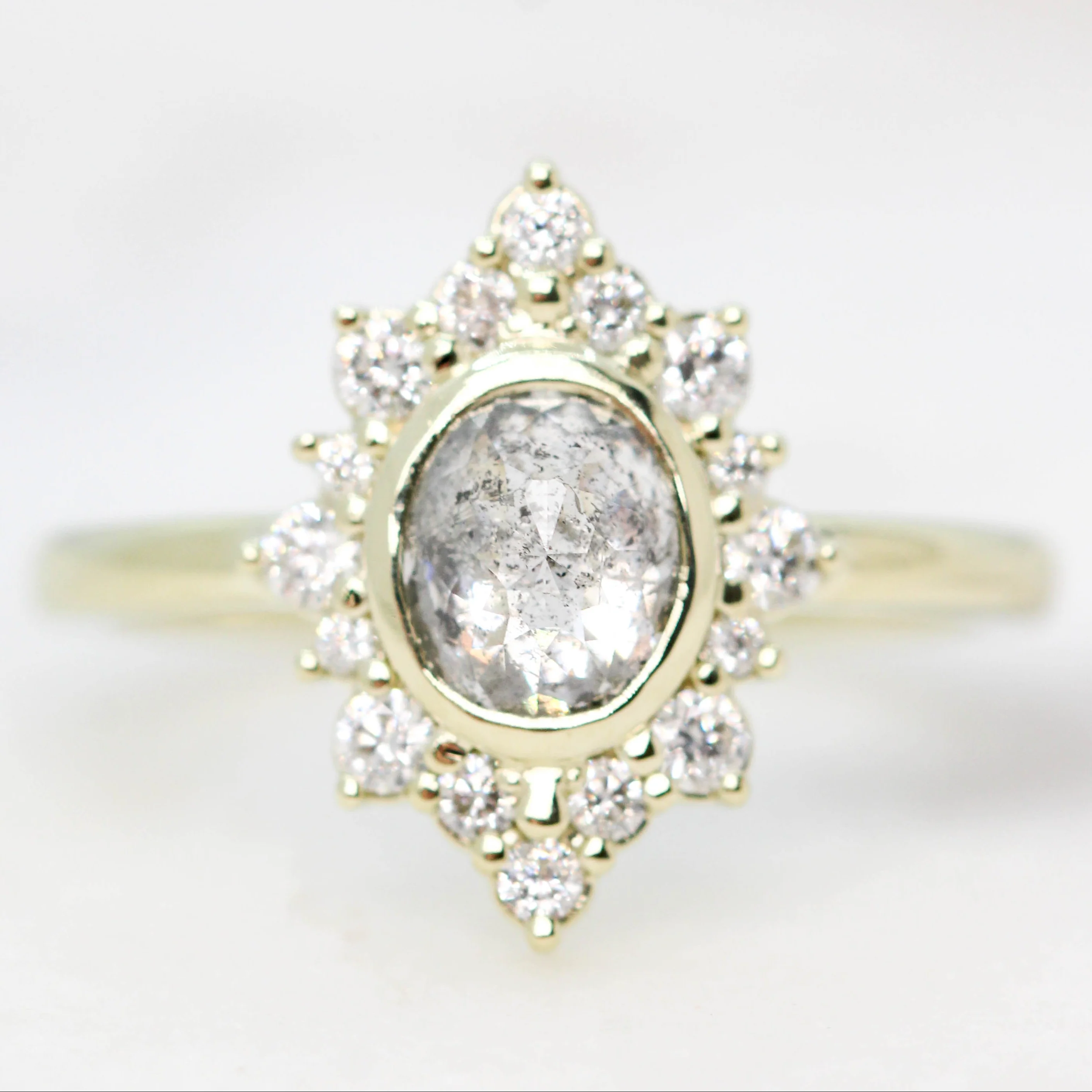 Estrella Ring with a 1.06 Carat Rose Cut Oval Salt and Pepper Diamond and White Accent Diamonds in 14k Green Gold - Ready to Size and Ship
