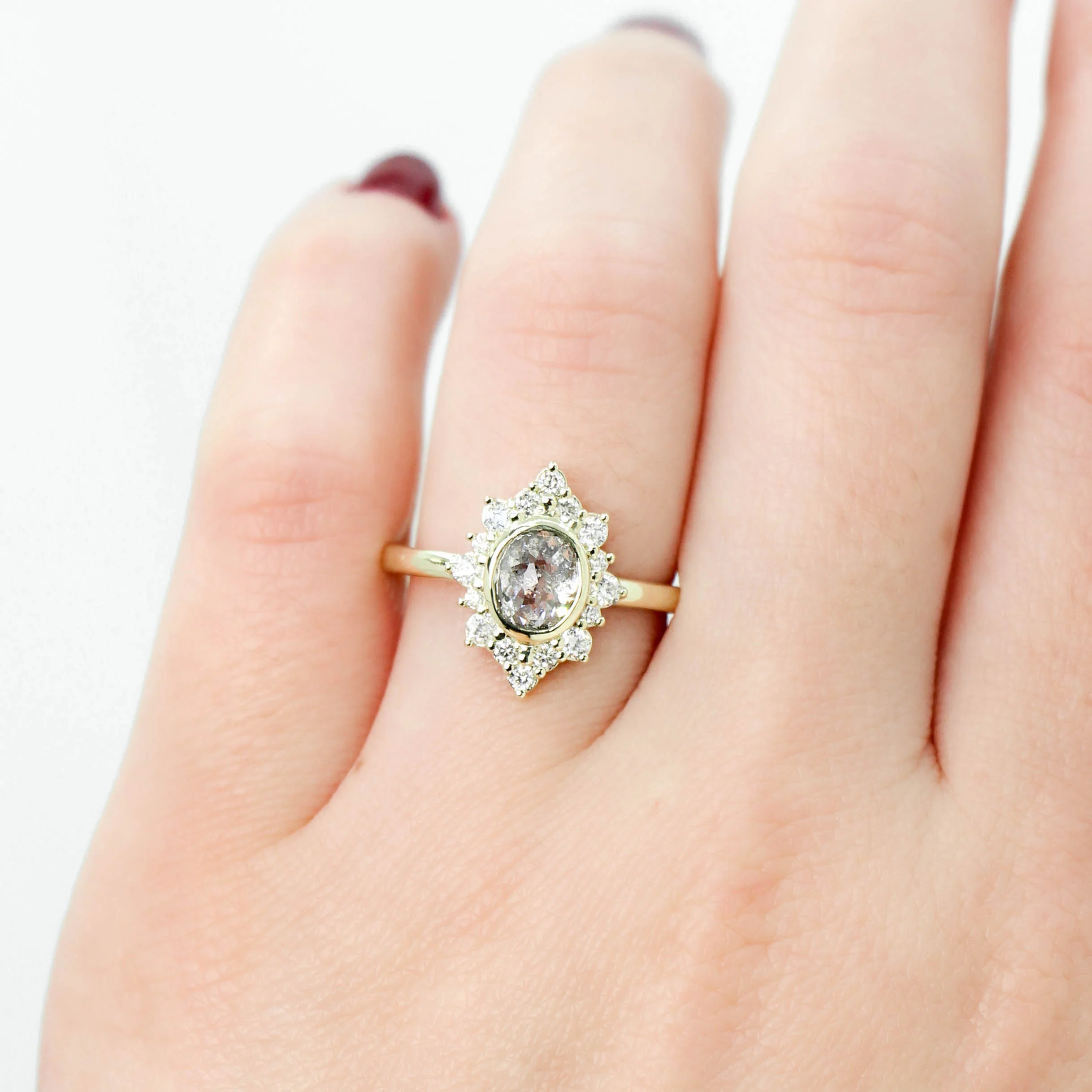Estrella Ring with a 1.06 Carat Rose Cut Oval Salt and Pepper Diamond and White Accent Diamonds in 14k Green Gold - Ready to Size and Ship - Image 2