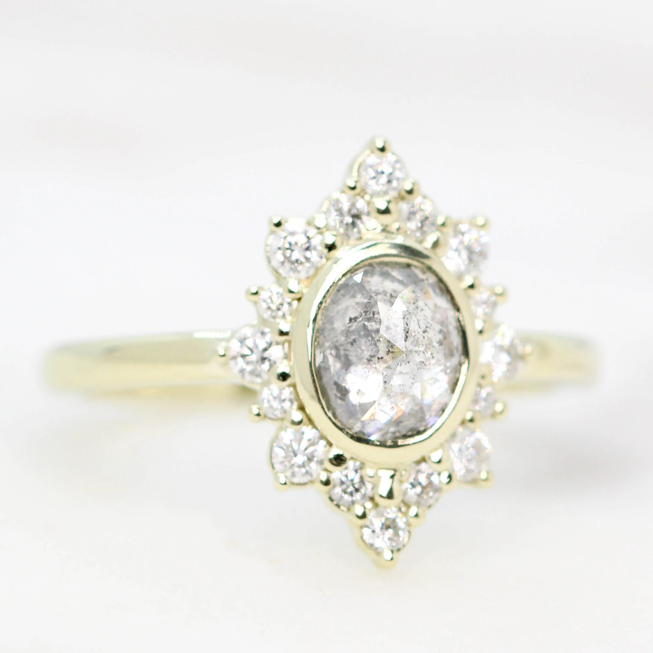 Estrella Ring with a 1.06 Carat Rose Cut Oval Salt and Pepper Diamond and White Accent Diamonds in 14k Green Gold - Ready to Size and Ship - Image 4