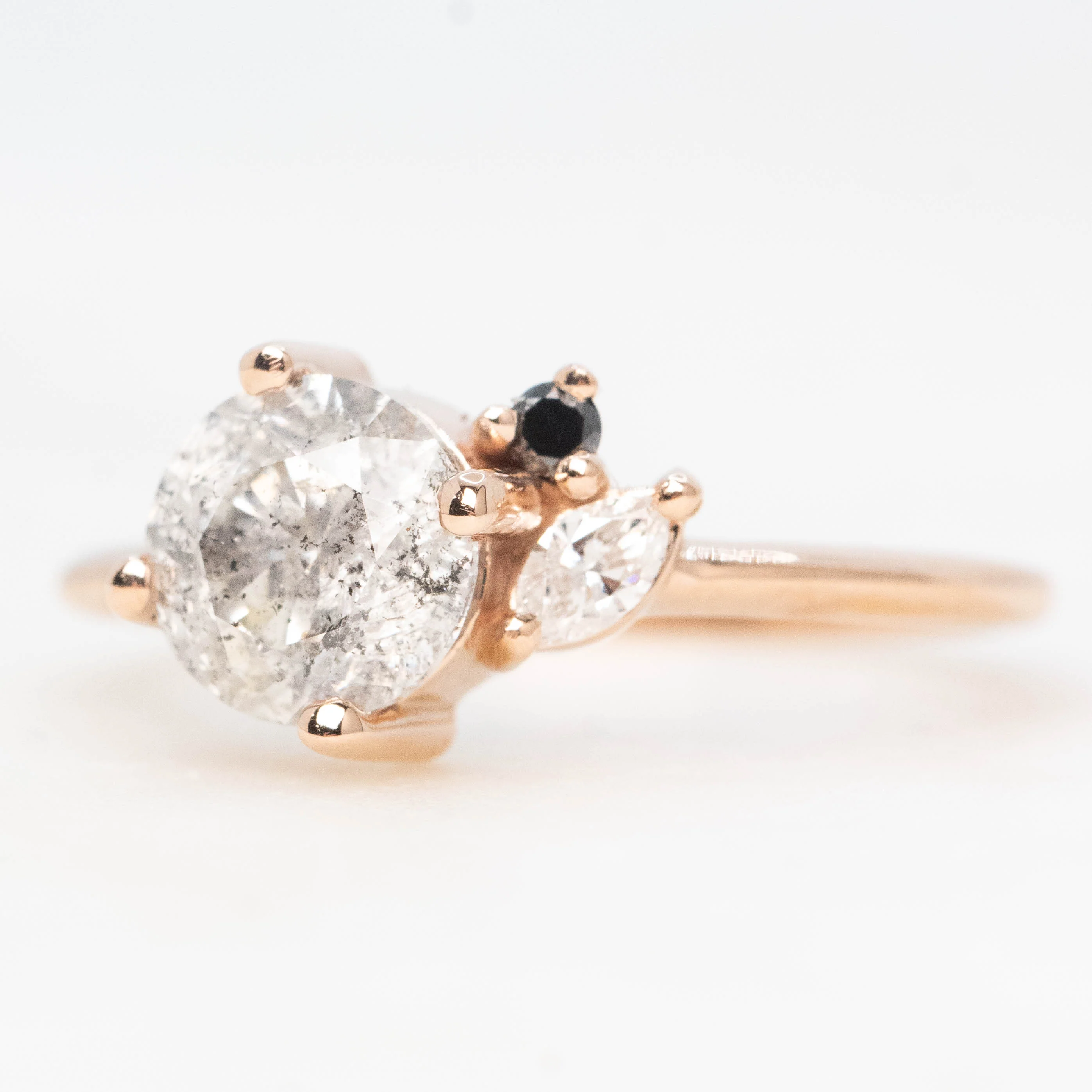 Francine Ring with a 1.34 Carat Round Gray Salt and Pepper Diamond and Black and White Accent Diamonds in 14k Rose Gold - Ready to Size and Ship - Image 3