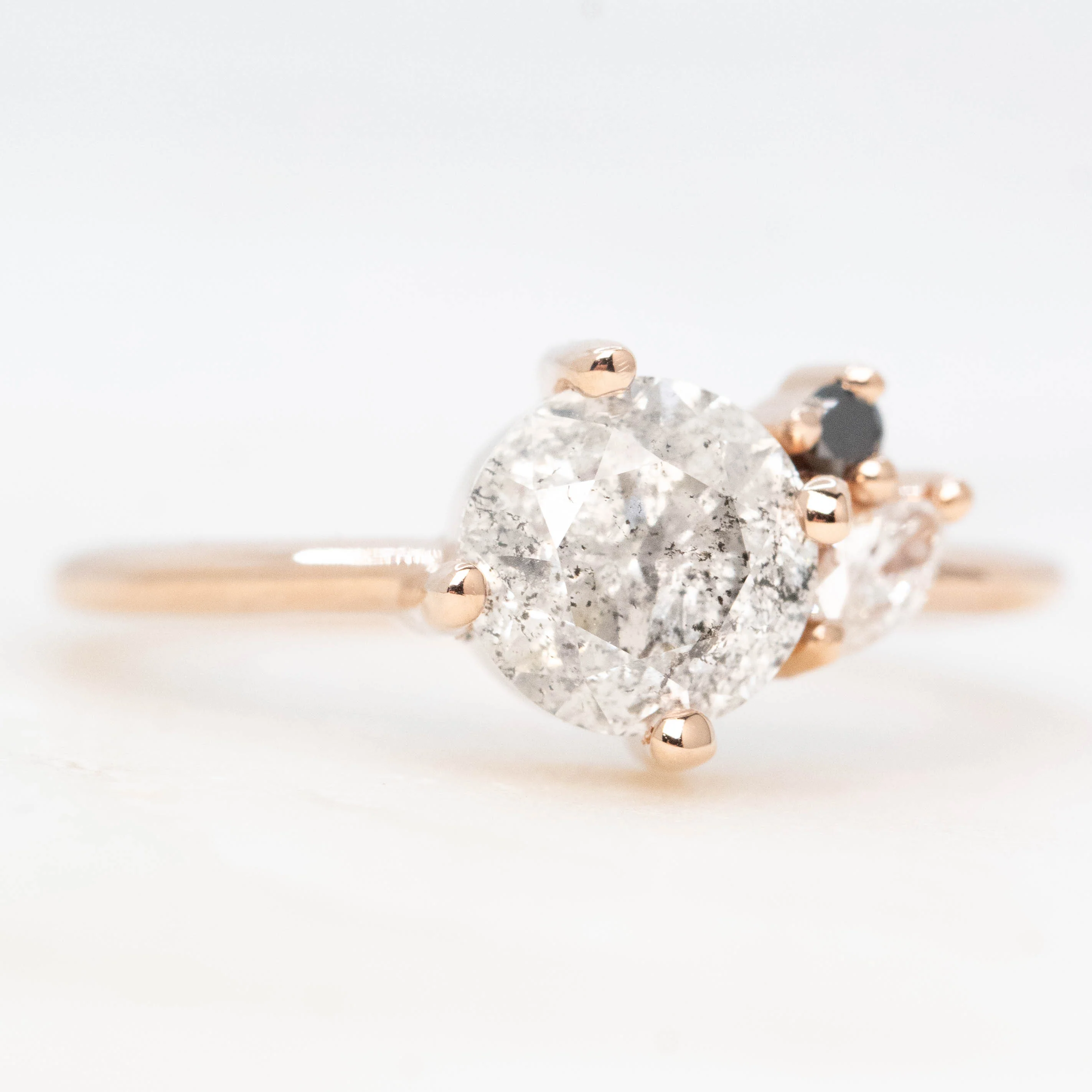 Francine Ring with a 1.34 Carat Round Gray Salt and Pepper Diamond and Black and White Accent Diamonds in 14k Rose Gold - Ready to Size and Ship - Image 4