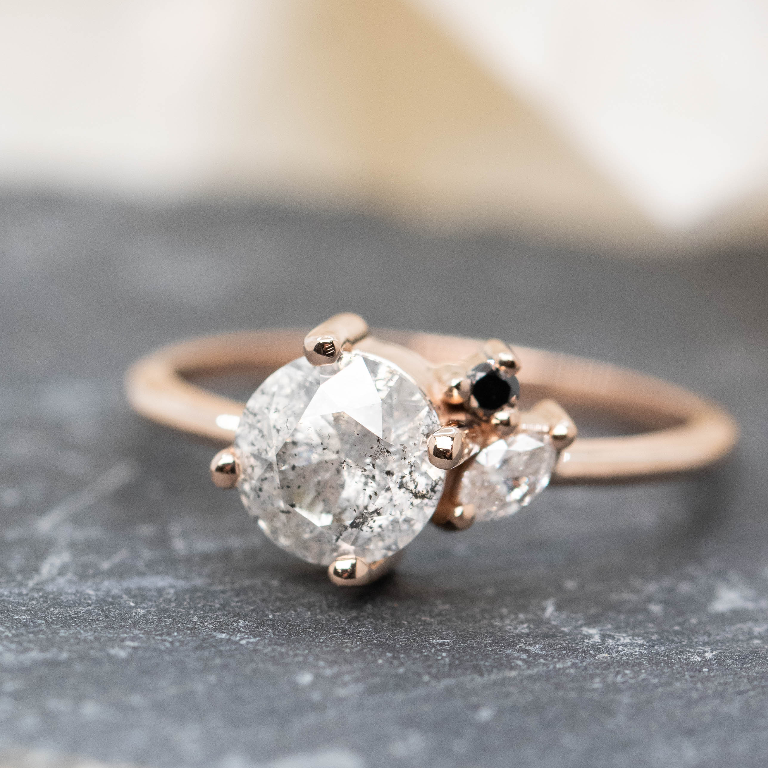 Francine Ring with a 1.34 Carat Round Gray Salt and Pepper Diamond and Black and White Accent Diamonds in 14k Rose Gold - Ready to Size and Ship - Image 8