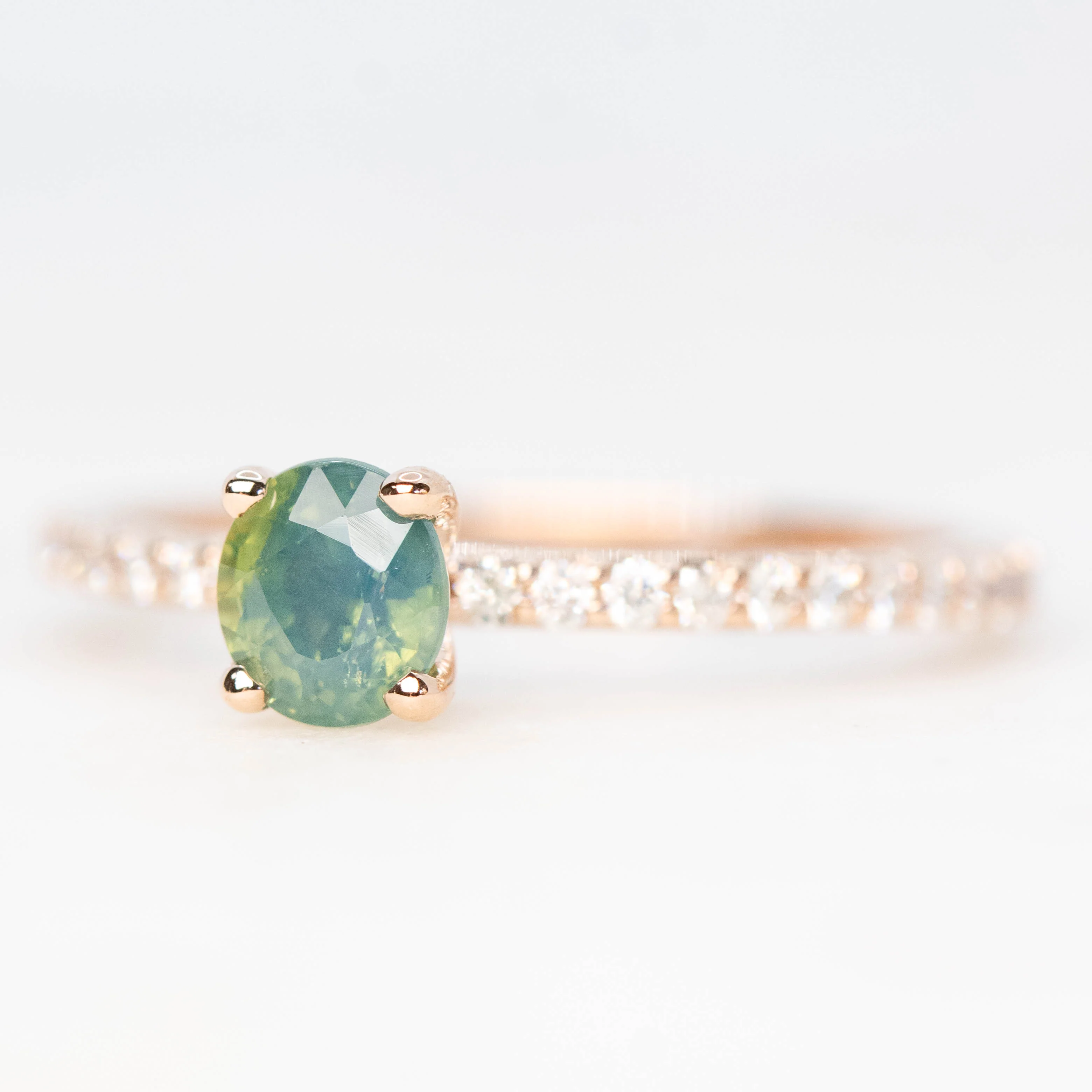 Gayle Ring with a 0.85 Carat Opalescent Teal Oval Sapphire and White Accent Diamonds in 14k Rose Gold - Ready to Size and Ship - Image 3
