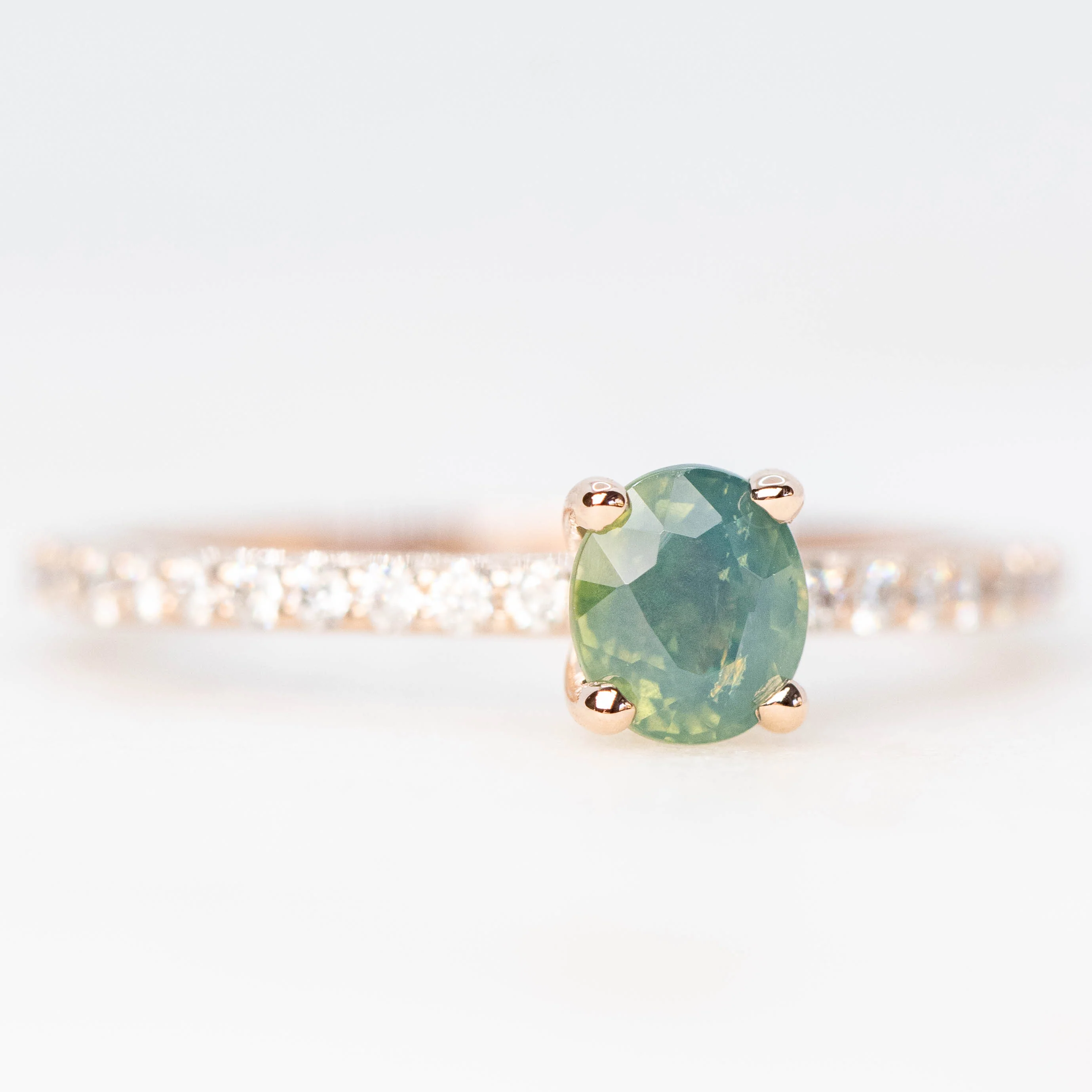 Gayle Ring with a 0.85 Carat Opalescent Teal Oval Sapphire and White Accent Diamonds in 14k Rose Gold - Ready to Size and Ship - Image 4