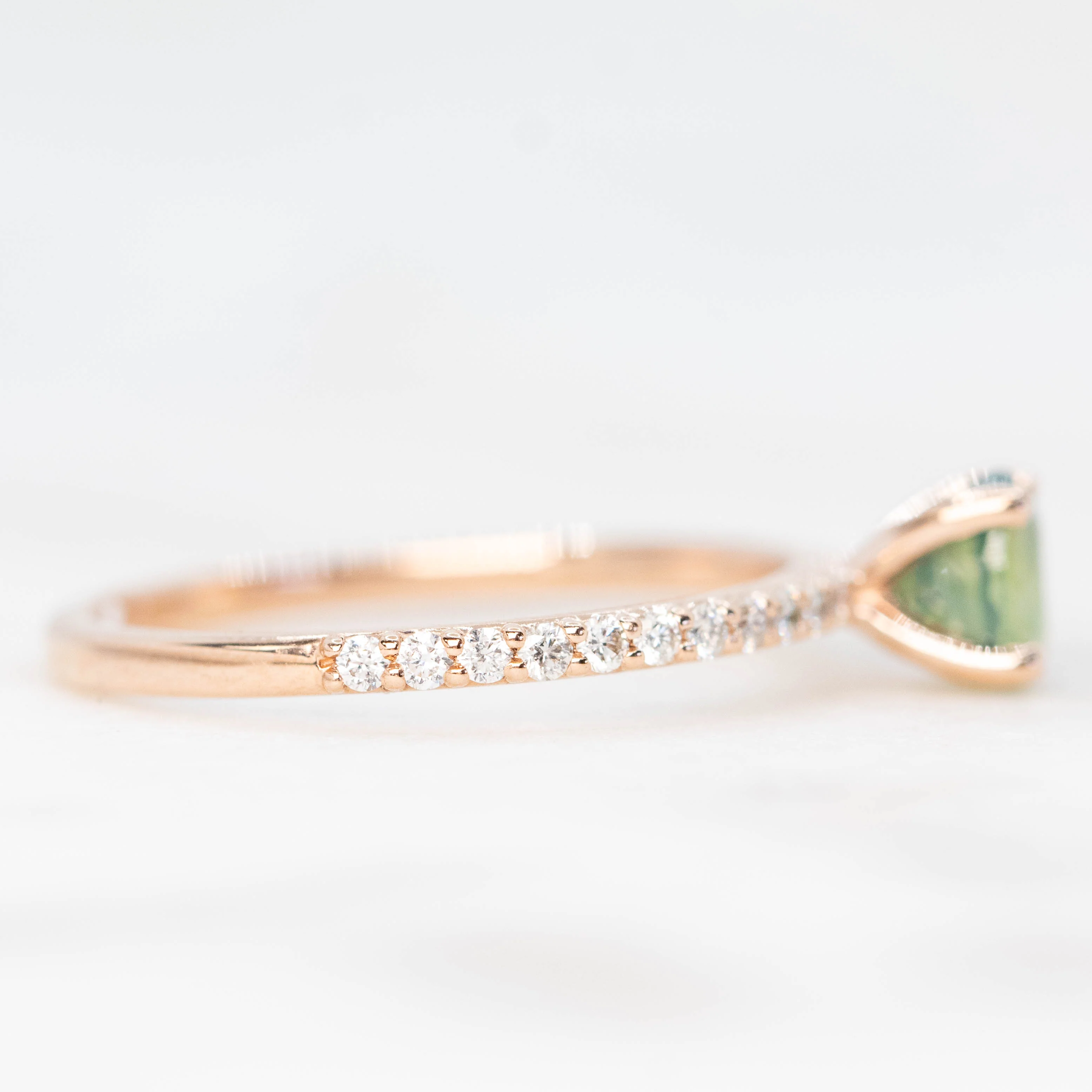 Gayle Ring with a 0.85 Carat Opalescent Teal Oval Sapphire and White Accent Diamonds in 14k Rose Gold - Ready to Size and Ship - Image 5