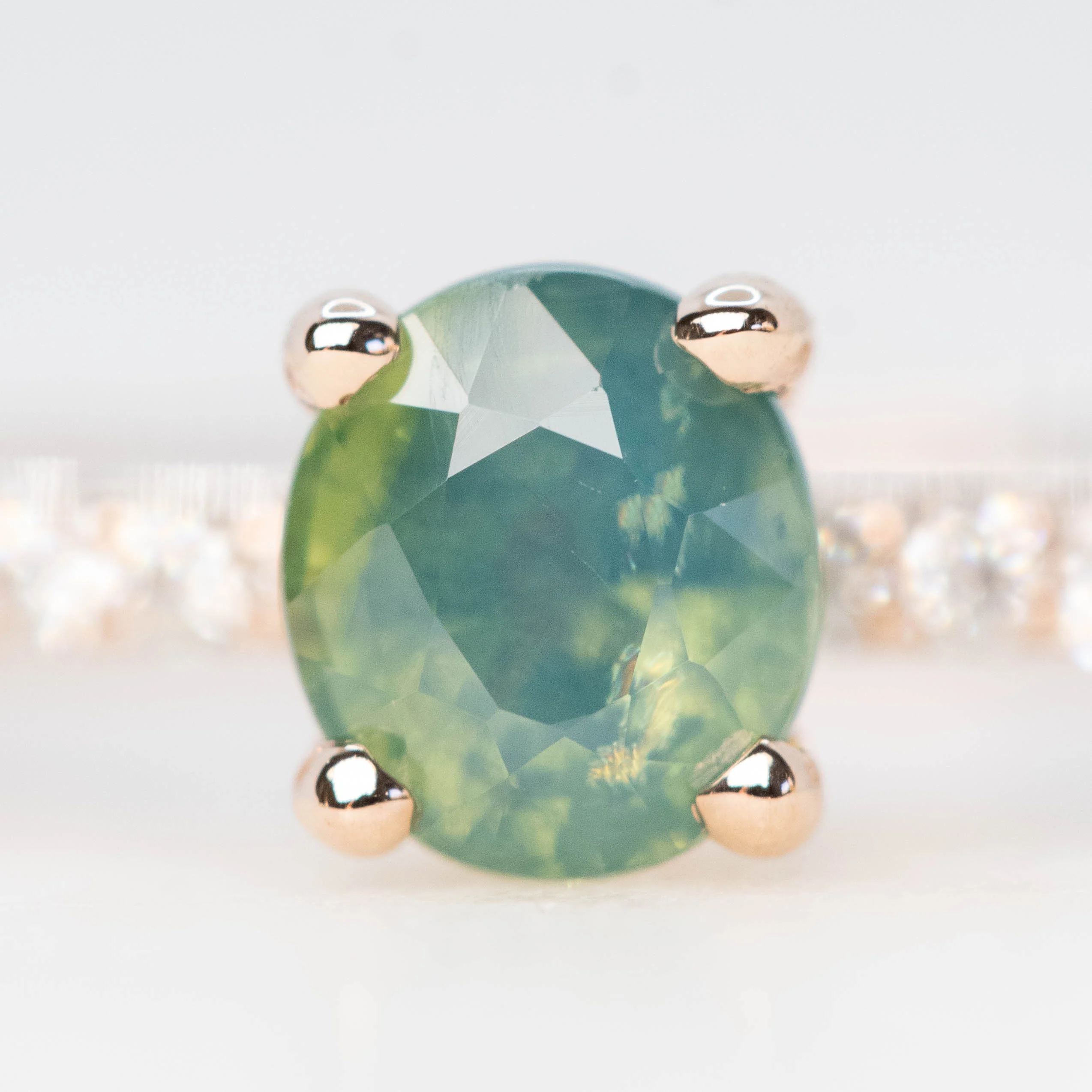 Gayle Ring with a 0.85 Carat Opalescent Teal Oval Sapphire and White Accent Diamonds in 14k Rose Gold - Ready to Size and Ship - Image 7