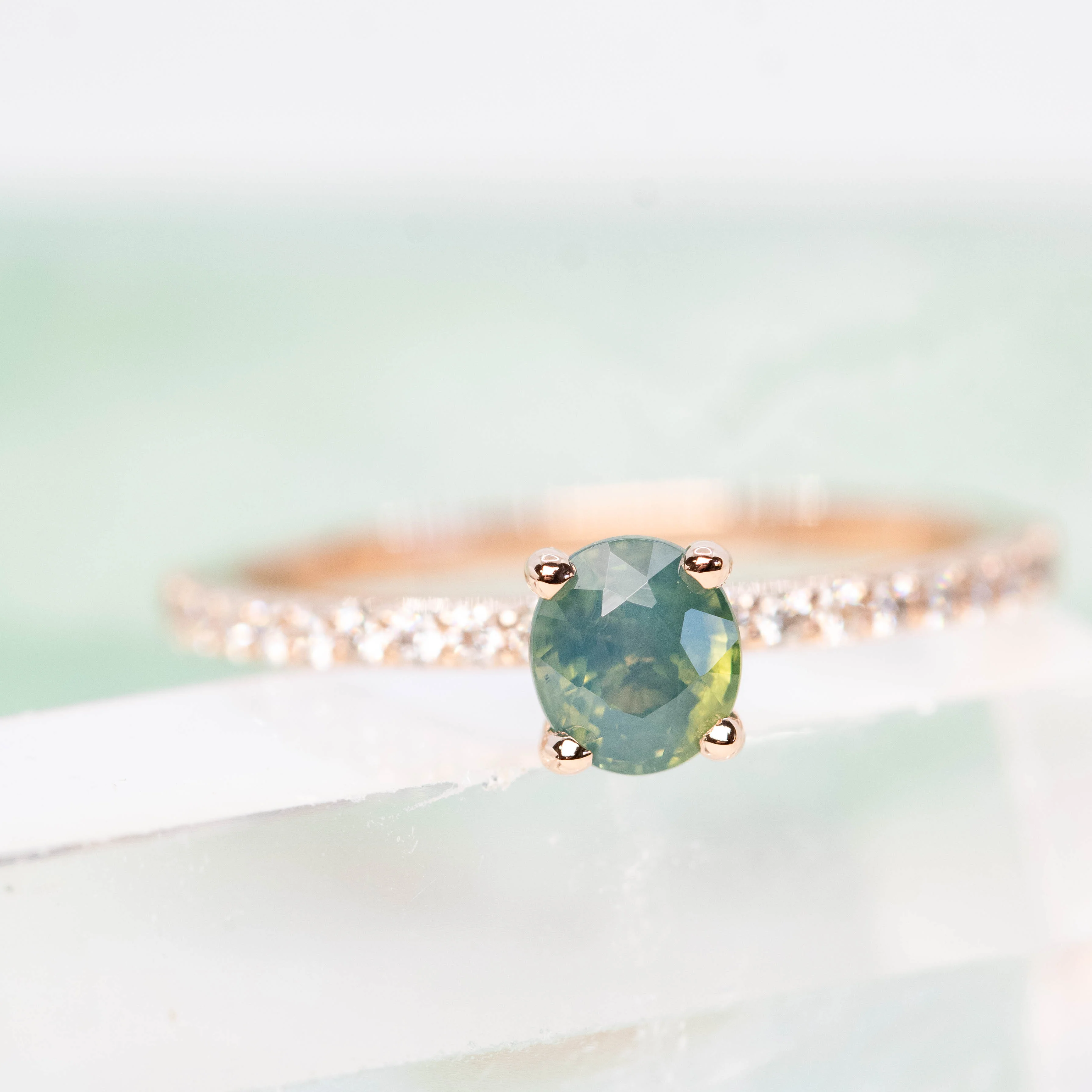 Gayle Ring with a 0.85 Carat Opalescent Teal Oval Sapphire and White Accent Diamonds in 14k Rose Gold - Ready to Size and Ship - Image 8
