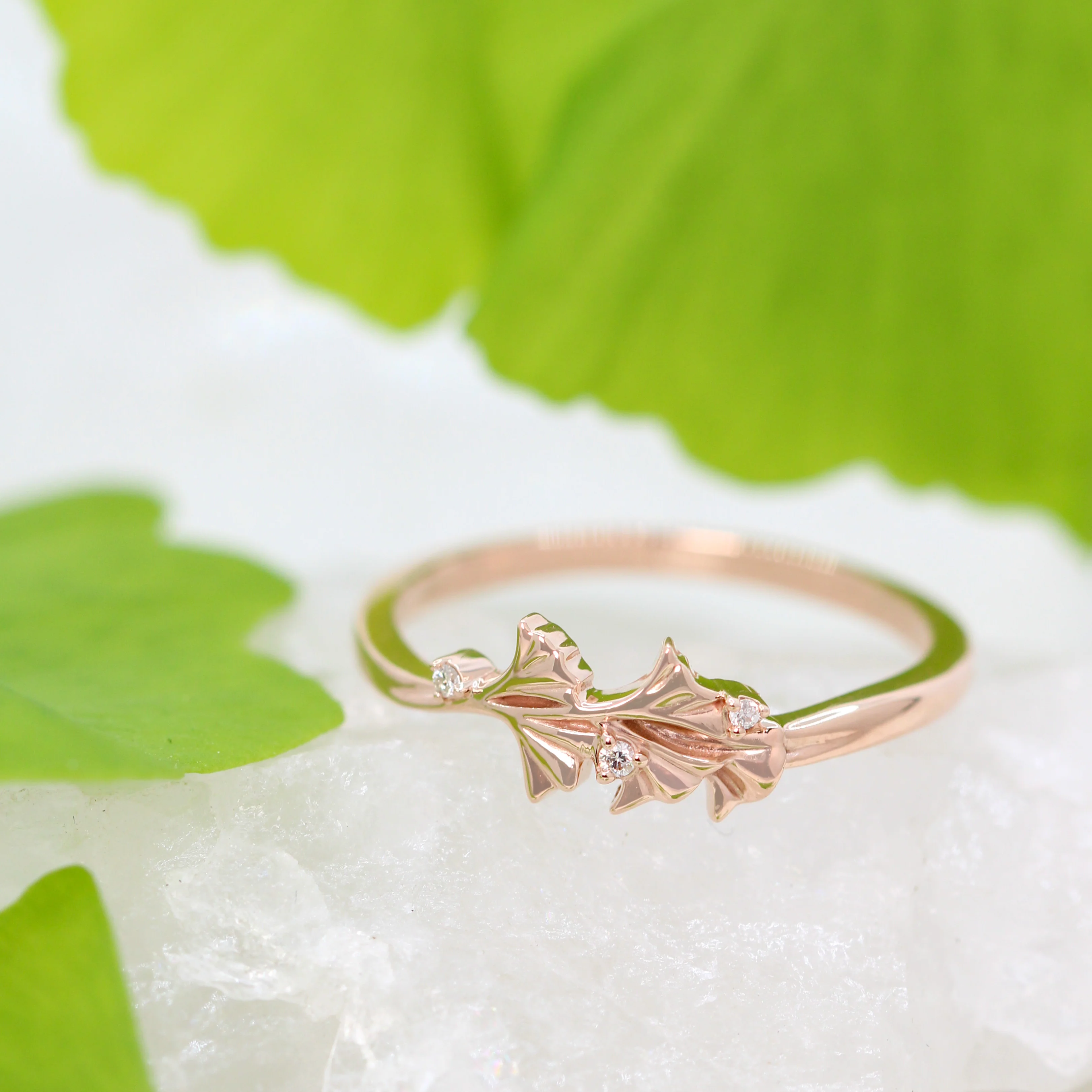 Gingko Leaf Ring with Diamond Accents - Made to Order - Image 10